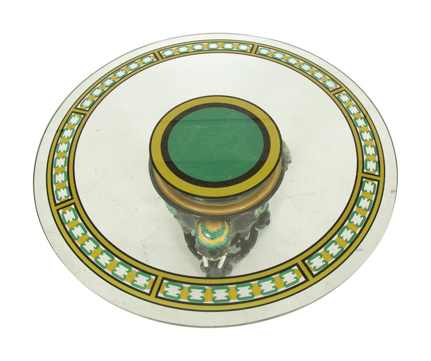 A Glazed Ceramic Elephant Base Table with Painted Glass Top — 20th Century