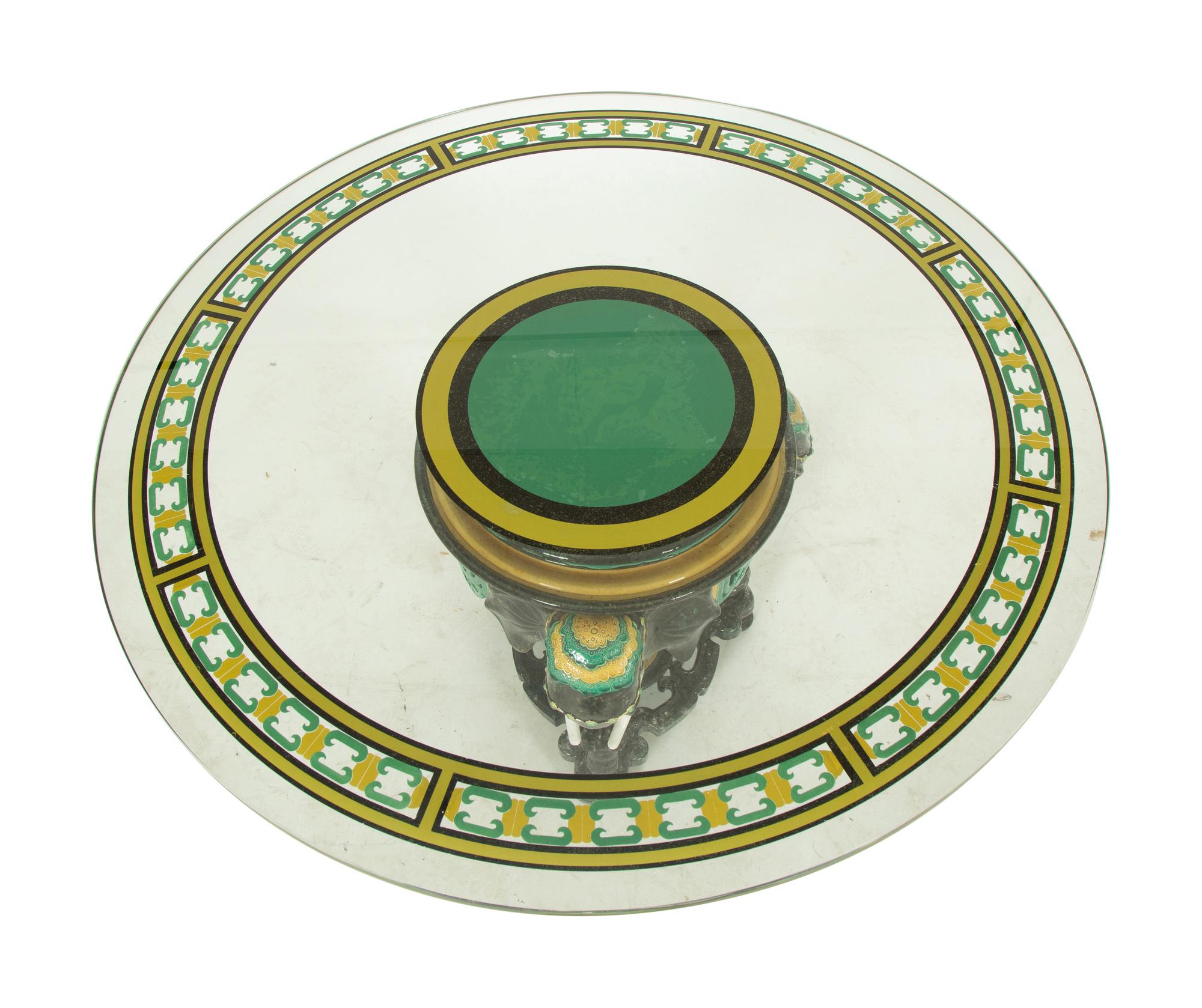A Glazed Ceramic Elephant Base Table with Painted Glass Top — 20th Century