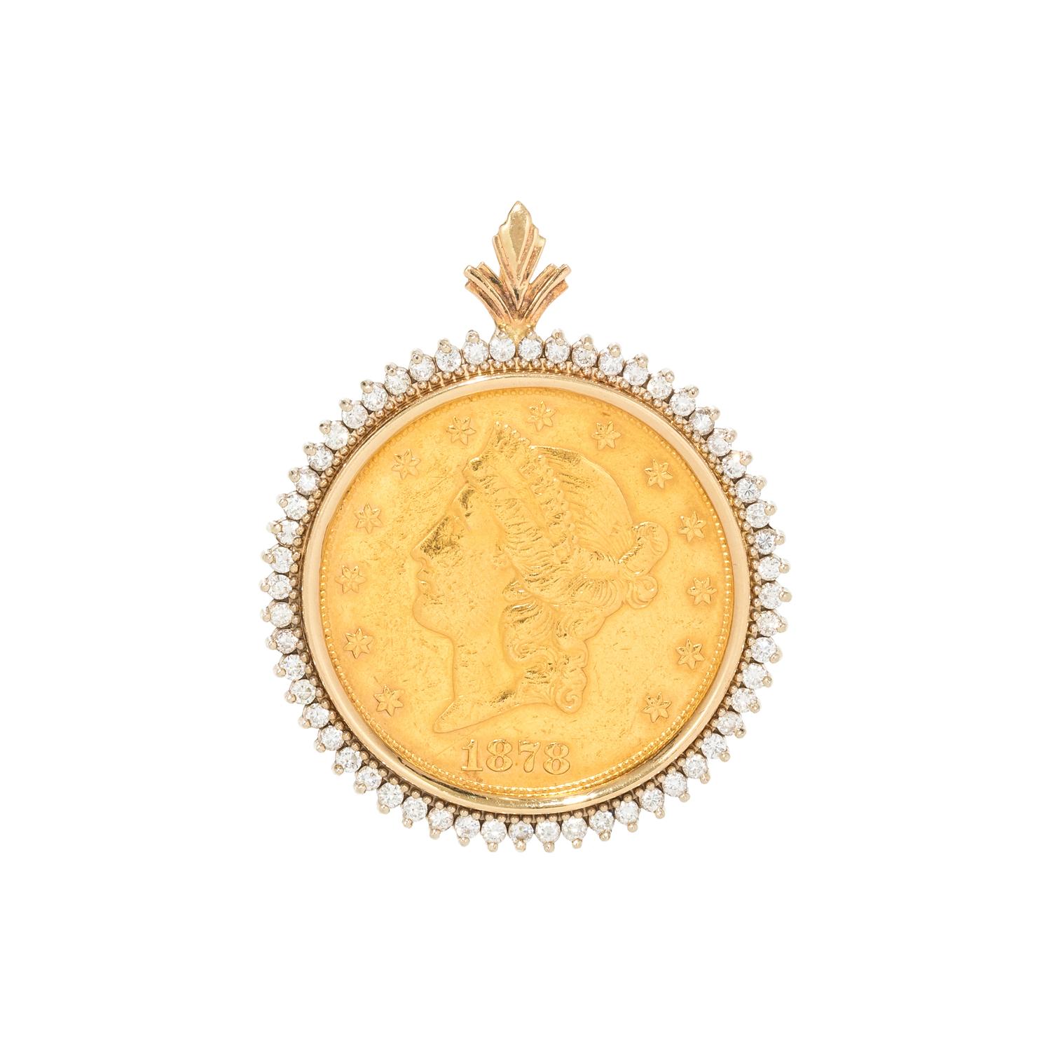 YELLOW GOLD, DIAMOND AND US $20 LIBERTY COIN PENDANT