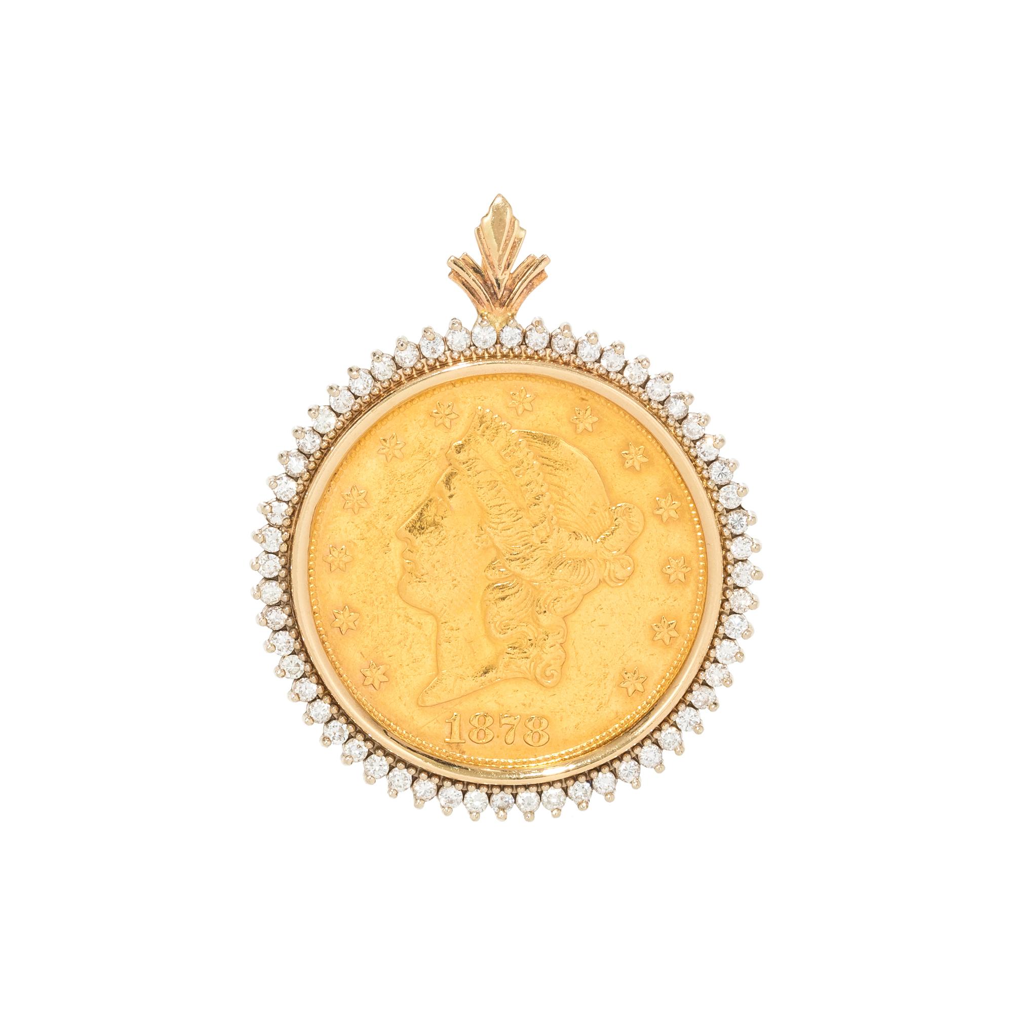 YELLOW GOLD, DIAMOND AND US $20 LIBERTY COIN PENDANT