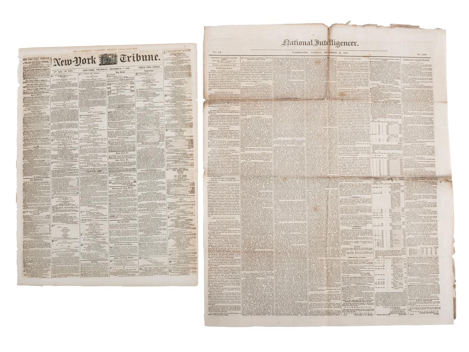 A group of 7 newspapers containing reports of John Brown and Harper's Ferry.