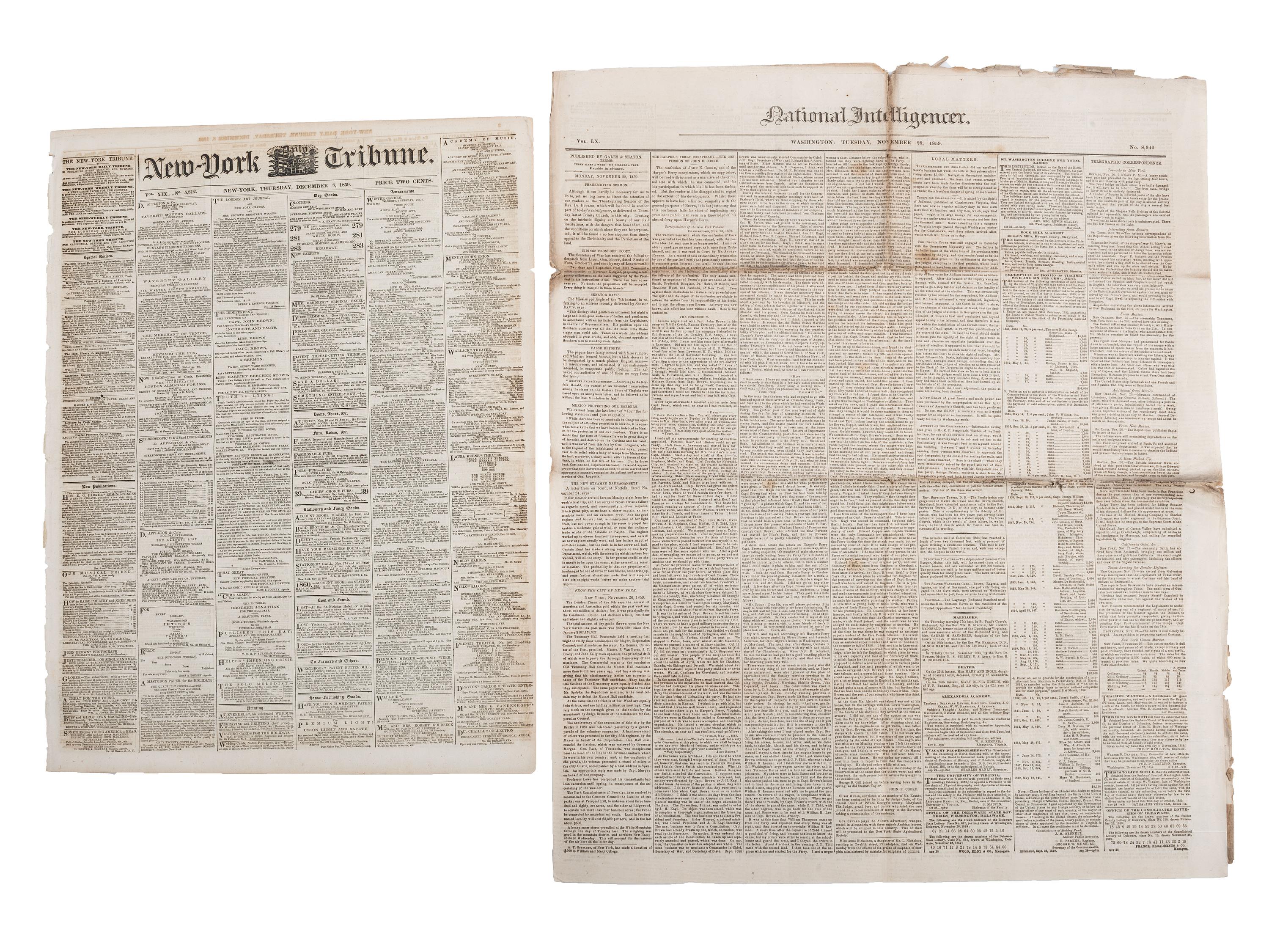 A group of 7 newspapers containing reports of John Brown and Harper's Ferry.
