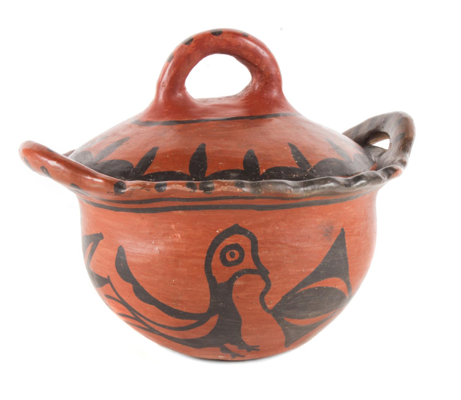 San Ildefonso Redware Lidded Bowl Height 6 1/2 x width 7 3/4 x depth 6 inches — Circa 1890