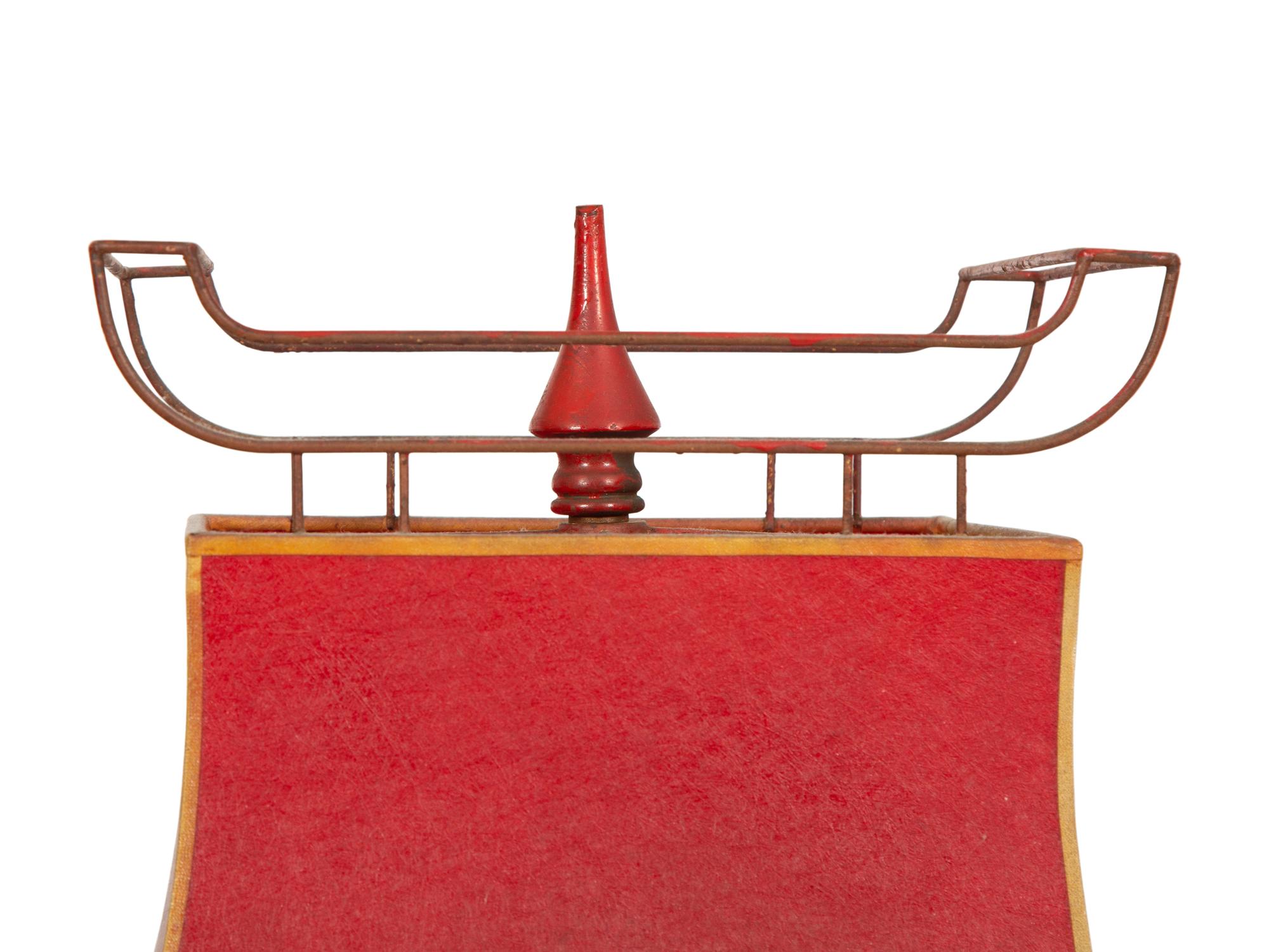 A Pair of Chinese Style Reverse-Decorated Glass and Red-Painted Table Lamps