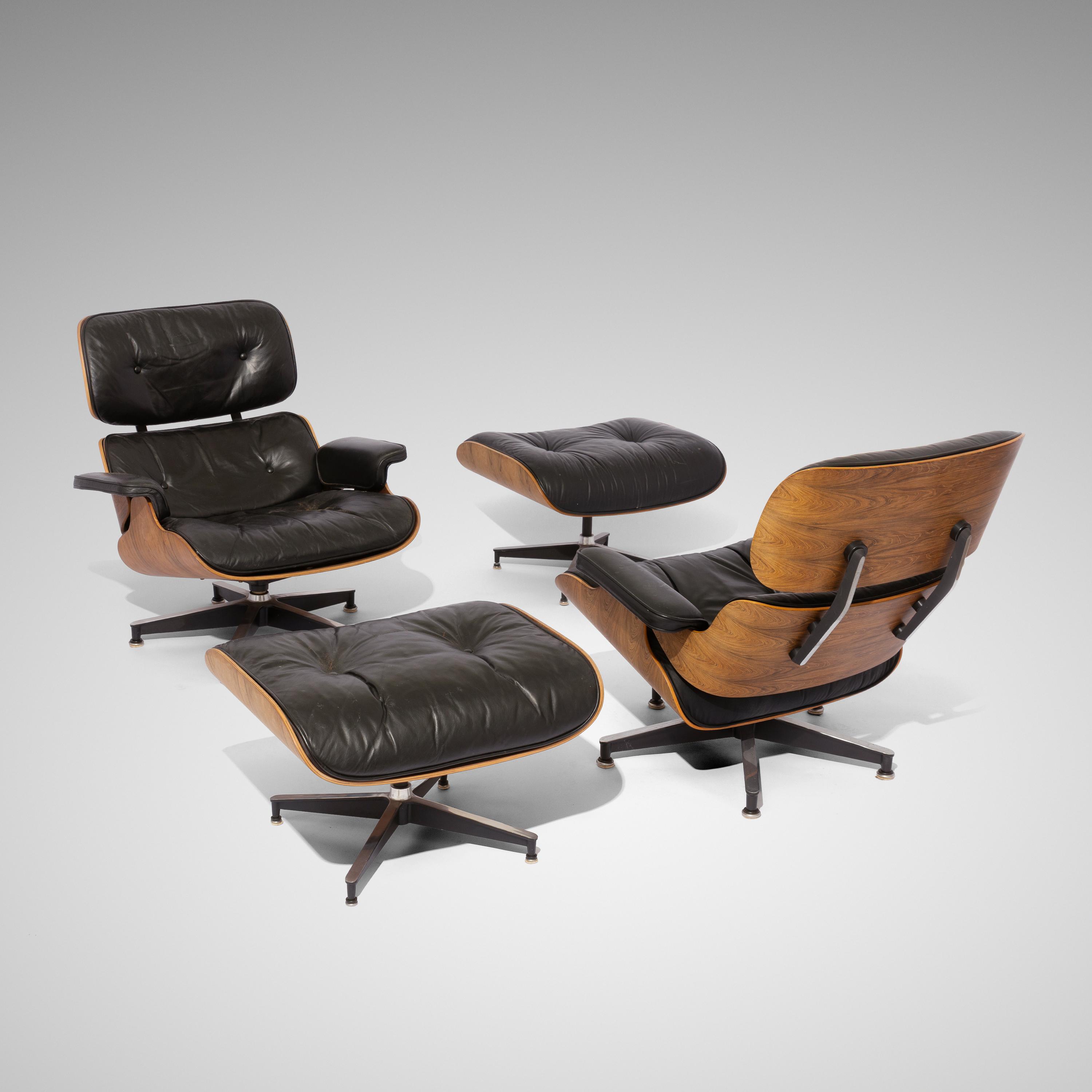 Charles and Ray Eames (American, 1907–1978 | 1913–1988) — Pair of 670 Lounge Chairs and 671 Ottomans Herman Miller USA, designed 1956