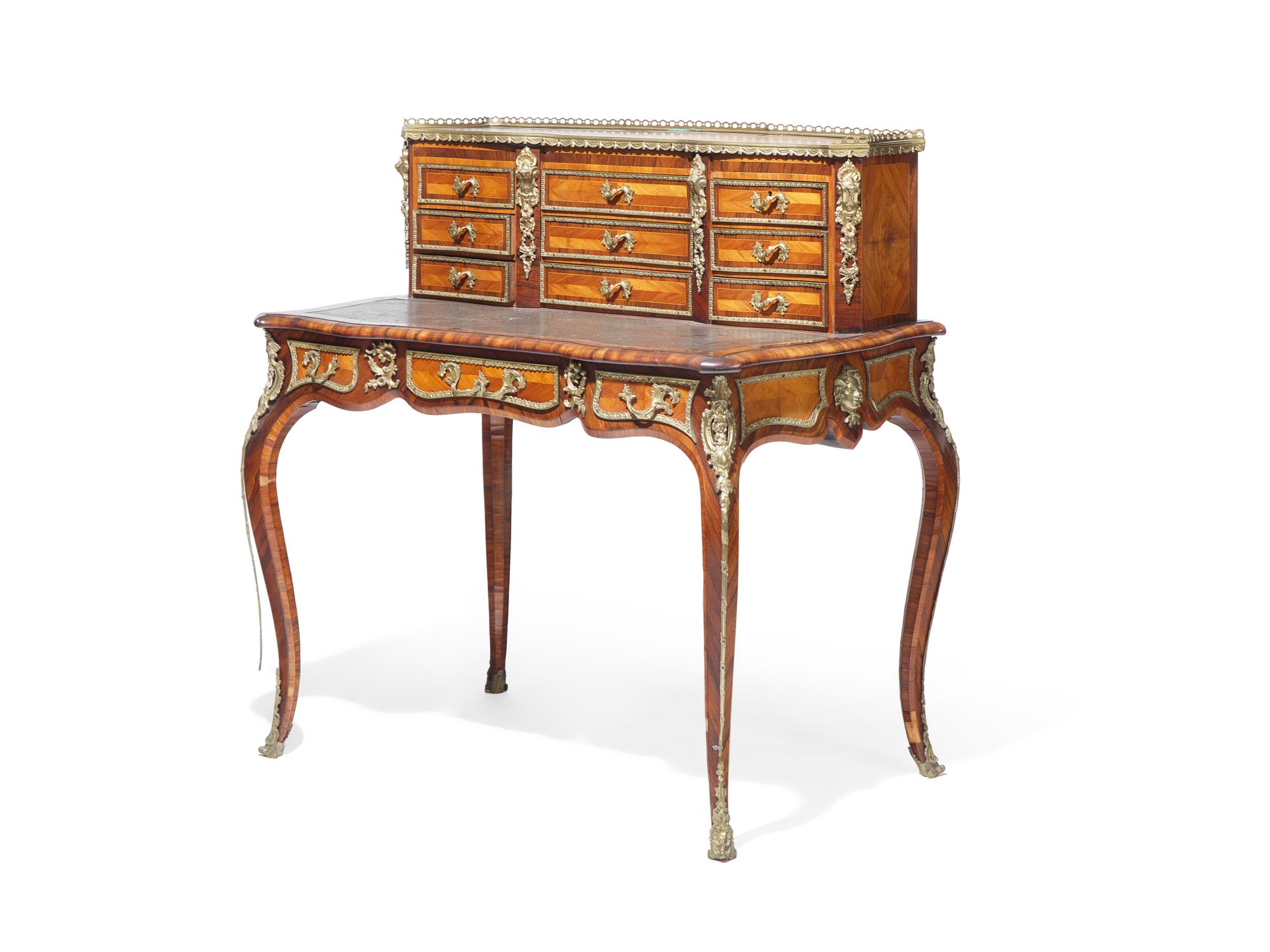 A Louis XV/XVI Transitional Style Bronze Mounted Kingwood Bureau Plat and Cartonnier