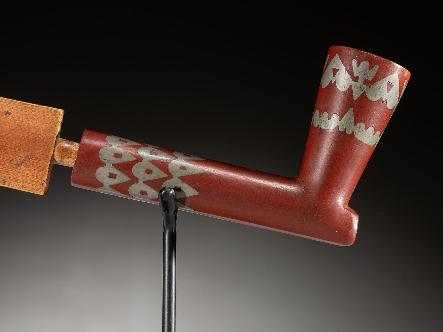 Northern Plains Quilled Pipe Stem, with Inlaid Catlinite Bowl