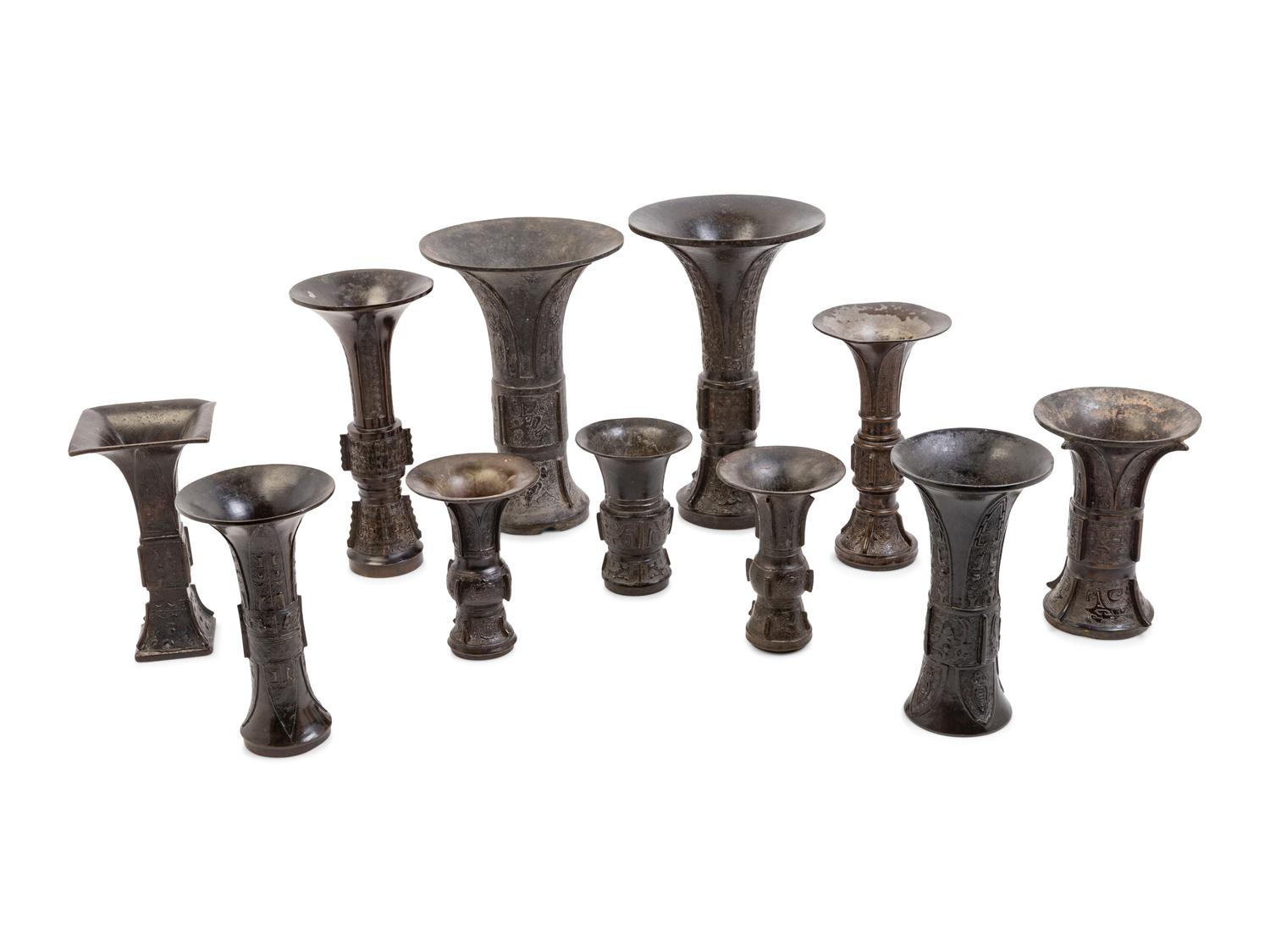12 Chinese Bronze Gu Vases