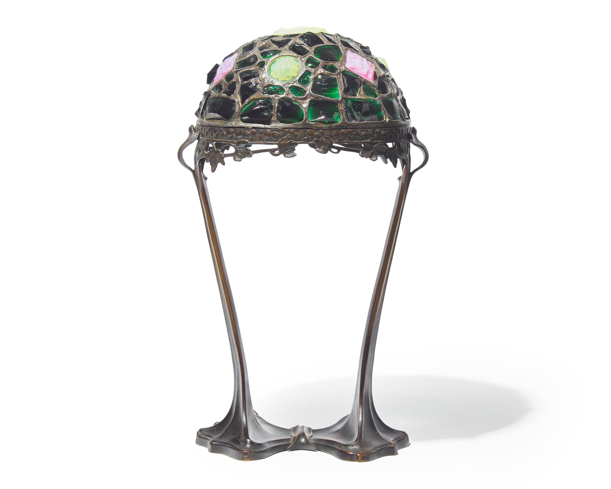 An Jugendstil cast bronze and chunk glass "jewel" table lamp, Hermann Eichberg, Berlin, Germany, circa 1900