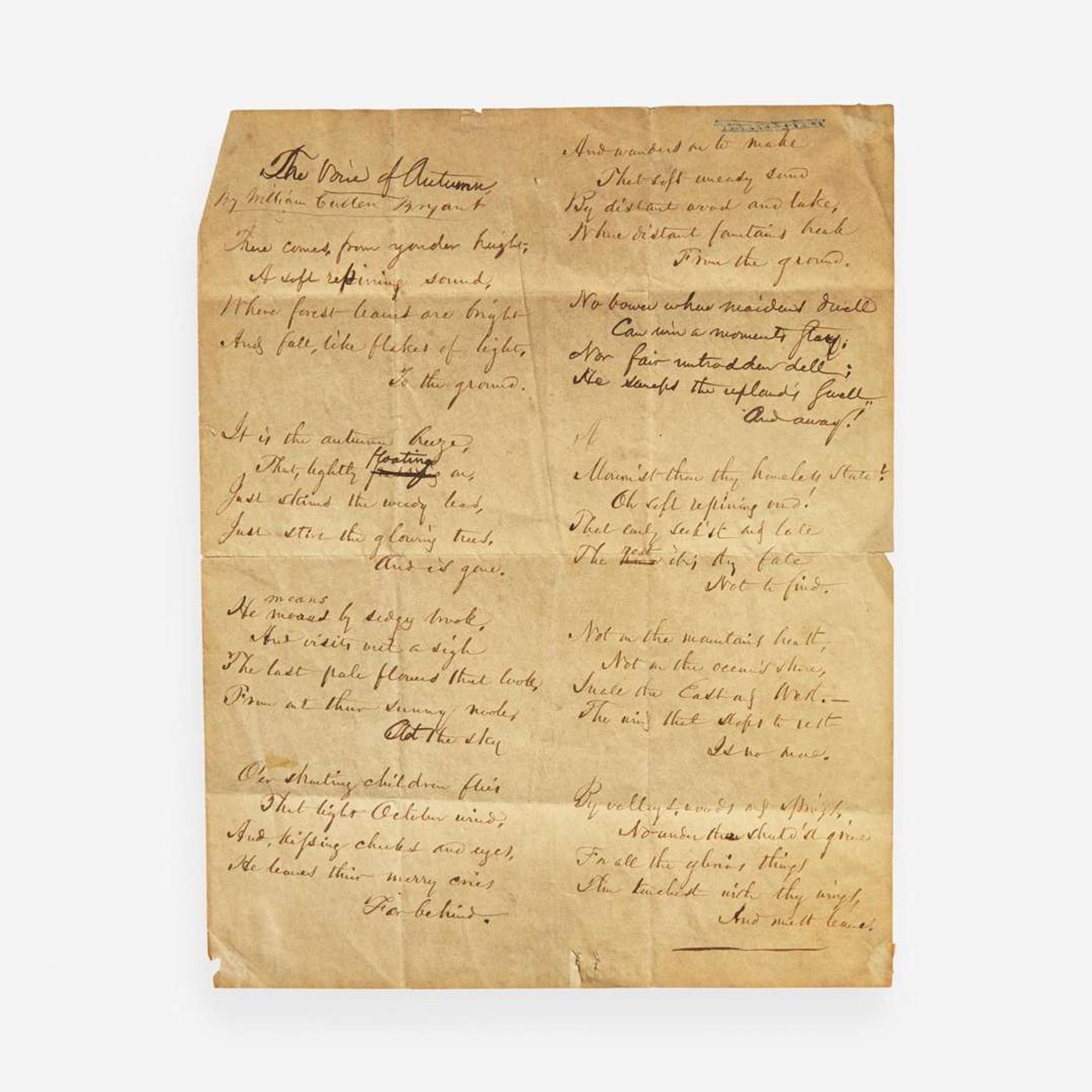 [Literature] Bryant, William Cullen Autograph Poem. signed and Autograph Letter, signed and initialed