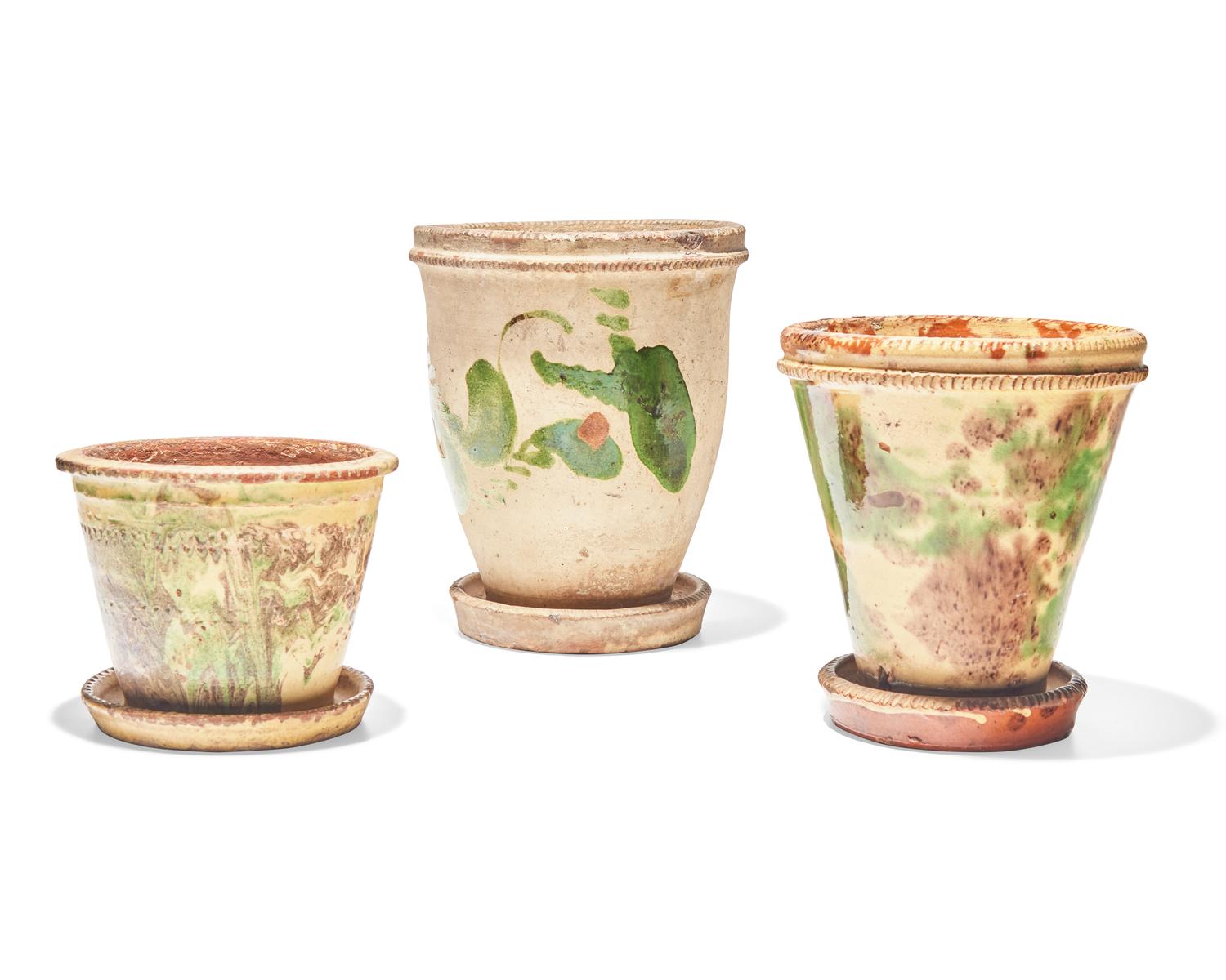 Three Shenandoah Valley Glazed Redware Flower Pots, Attributed to S. Bell & Sons or J. Eberly & Co., Strasburg, Virginia, Circa 1890