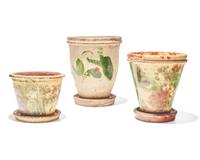 Three Shenandoah Valley Glazed Redware Flower Pots, Attributed to S. Bell & Sons or J. Eberly & Co., Strasburg, Virginia, Circa 1890