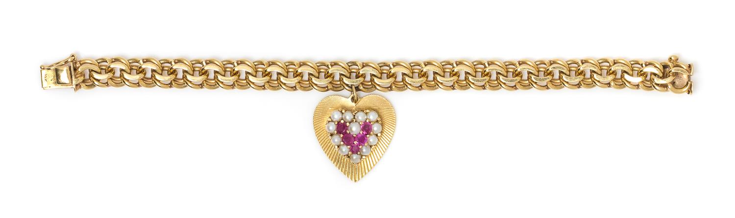 A 14 Karat Yellow Gold, Pink Sapphire and Cultured Pearl Charm Bracelet, 25.70 dwts.