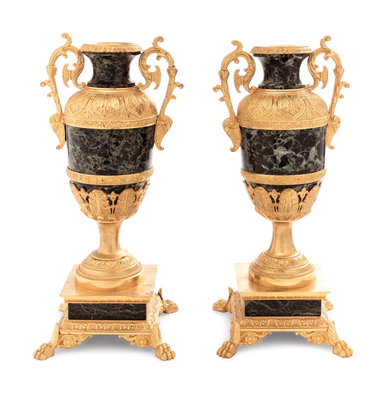 A Pair of Empire Style Gilt Bronze Mounted Verde Antico Marble Urns