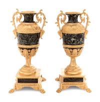 A Pair of Empire Style Gilt Bronze Mounted Verde Antico Marble Urns