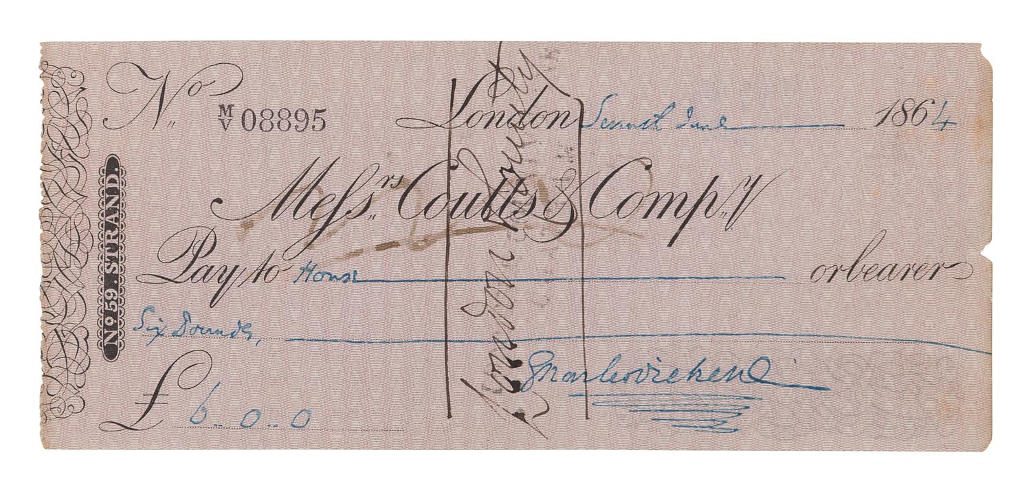 [DICKENS, Charles]. Autograph document, signed ("Charles Dickens"), a check, drawn on Coutts Bank, payable to "House, £6.00." London, 7 June 1864.