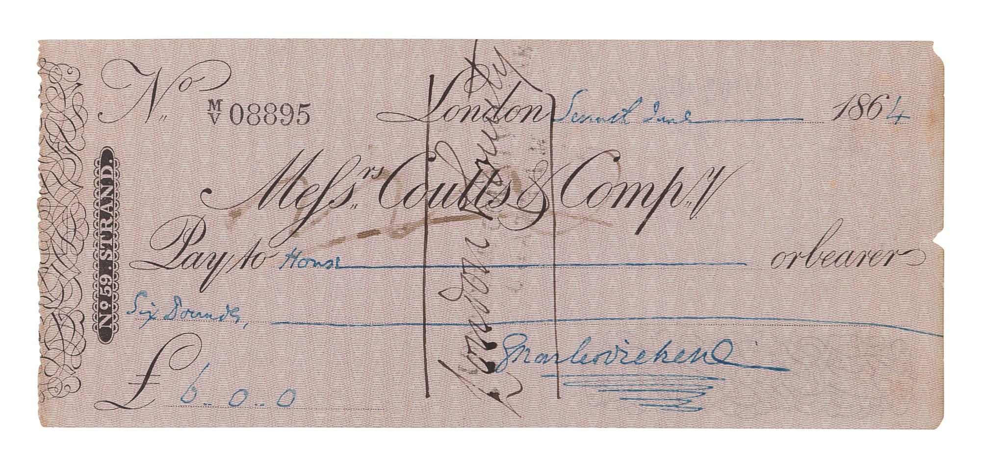 [DICKENS, Charles]. Autograph document, signed ("Charles Dickens"), a check, drawn on Coutts Bank, payable to "House, £6.00." London, 7 June 1864.