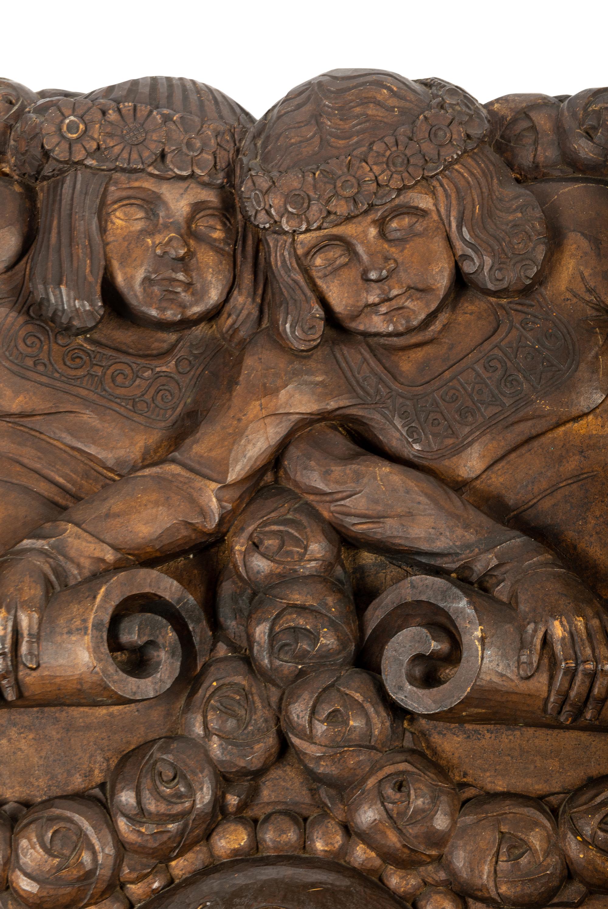 A Victorian Carved Walnut Figural Relief Panel
