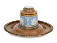 A Wedgwood Jasperware Mounted Brass and Wooden Bookend and Inkwell