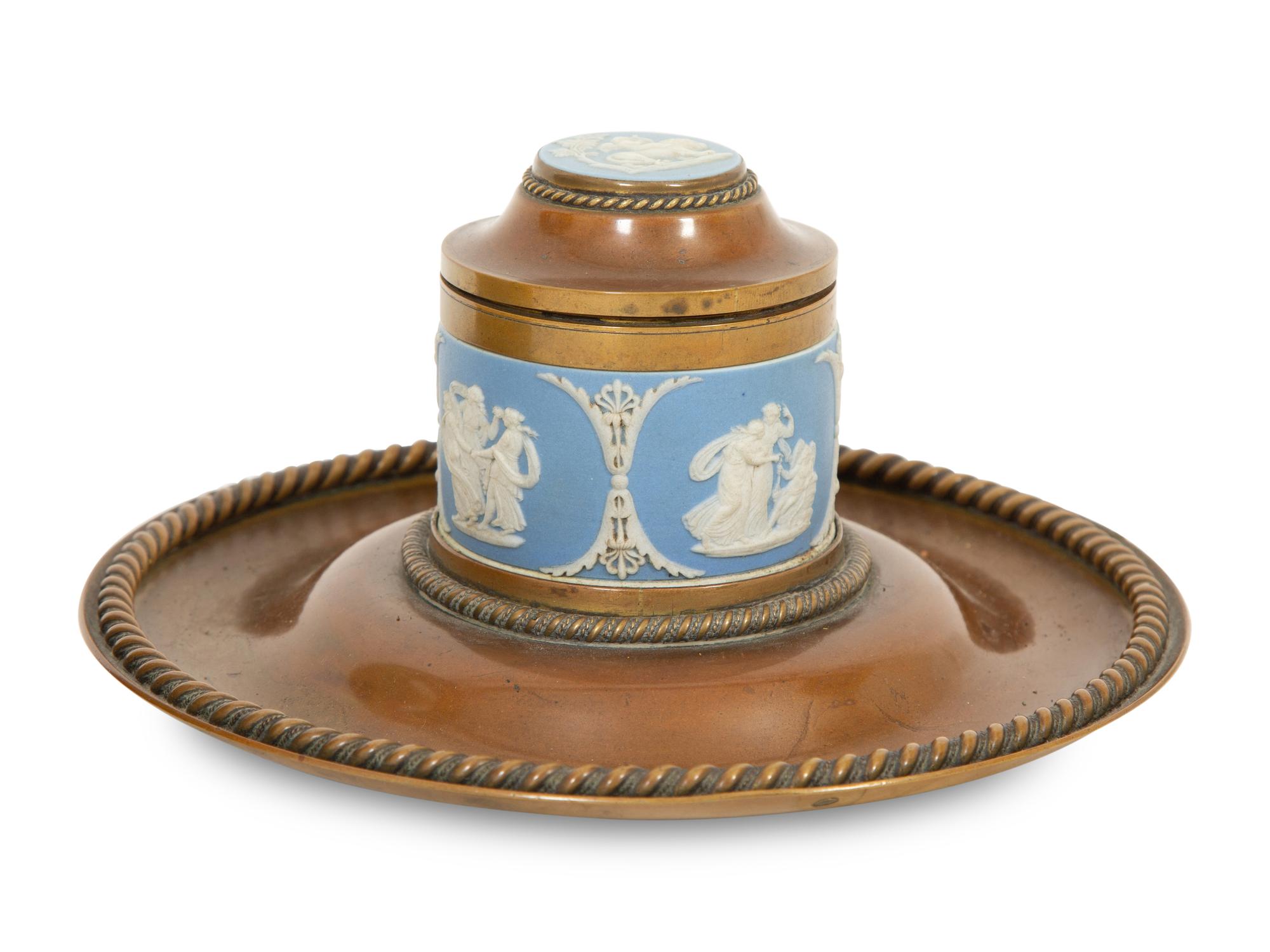 A Wedgwood Jasperware Mounted Brass and Wooden Bookend and Inkwell