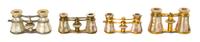 Four Pairs of French Mother-of-Pearl Veneered Opera Glasses, Width of widest 3 7/8 inches.