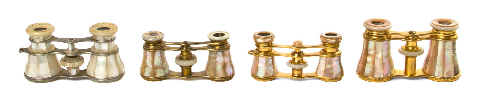 Four Pairs of French Mother-of-Pearl Veneered Opera Glasses, Width of widest 3 7/8 inches.