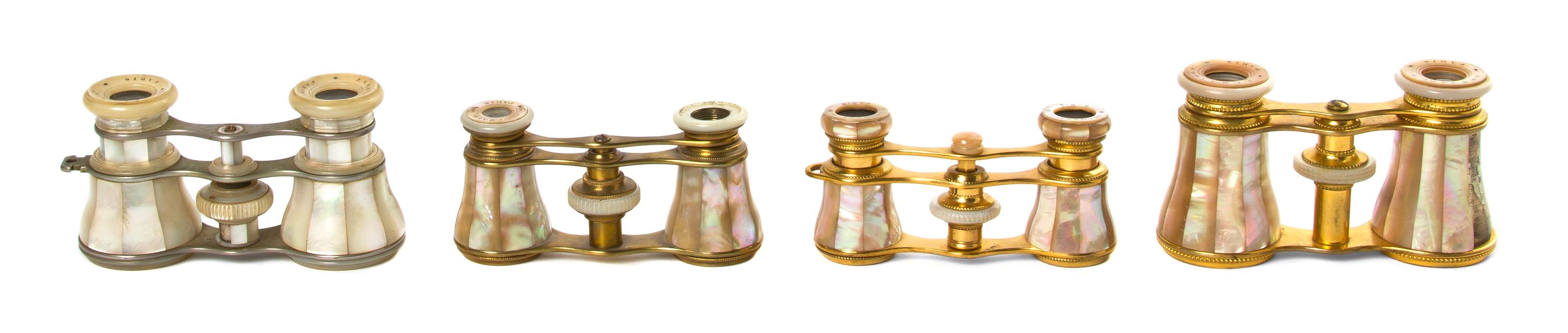 Four Pairs of French Mother-of-Pearl Veneered Opera Glasses, Width of widest 3 7/8 inches.
