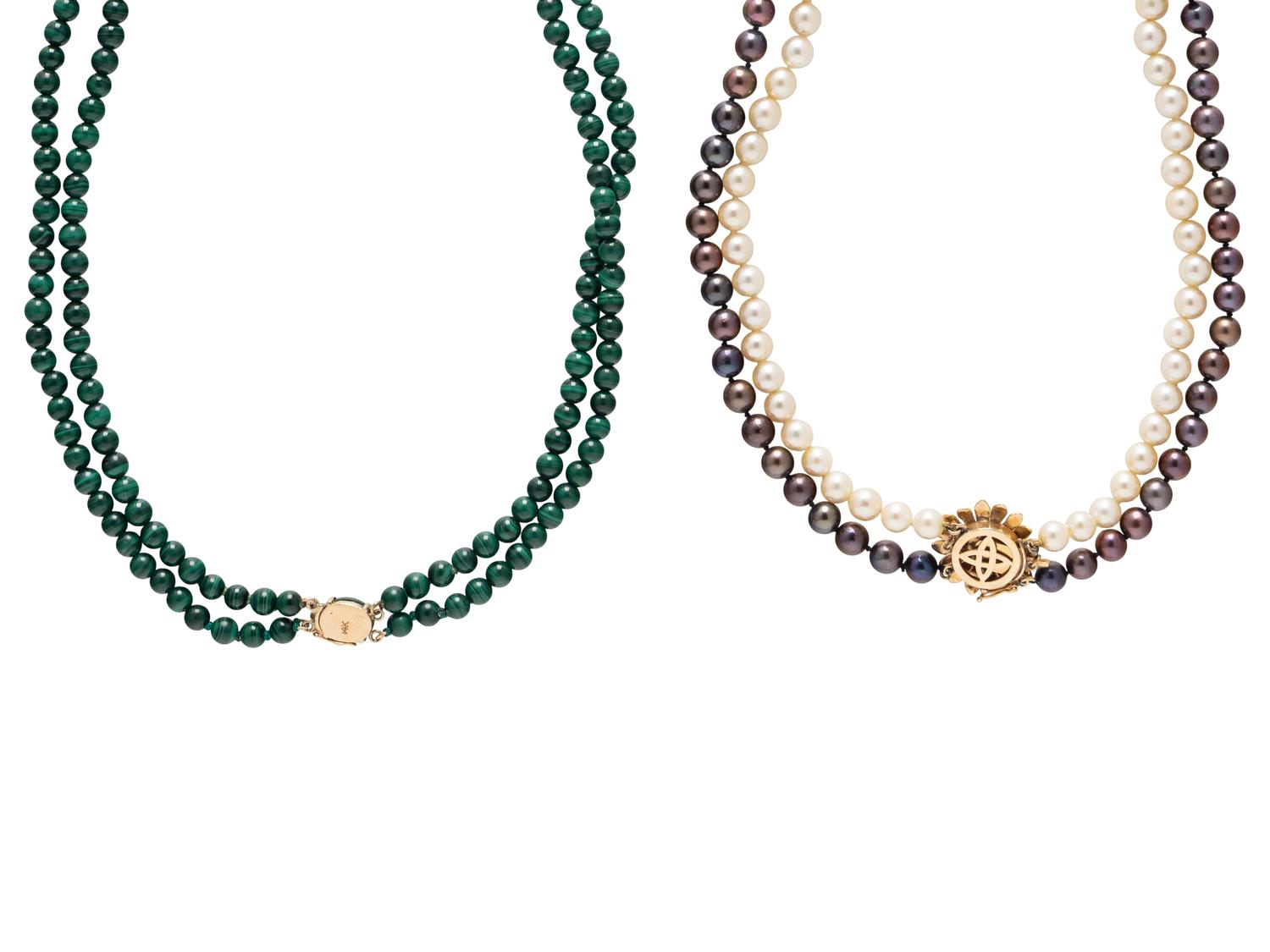 CULTURED PEARL NECKLACE AND MALACHITE NECKLACE