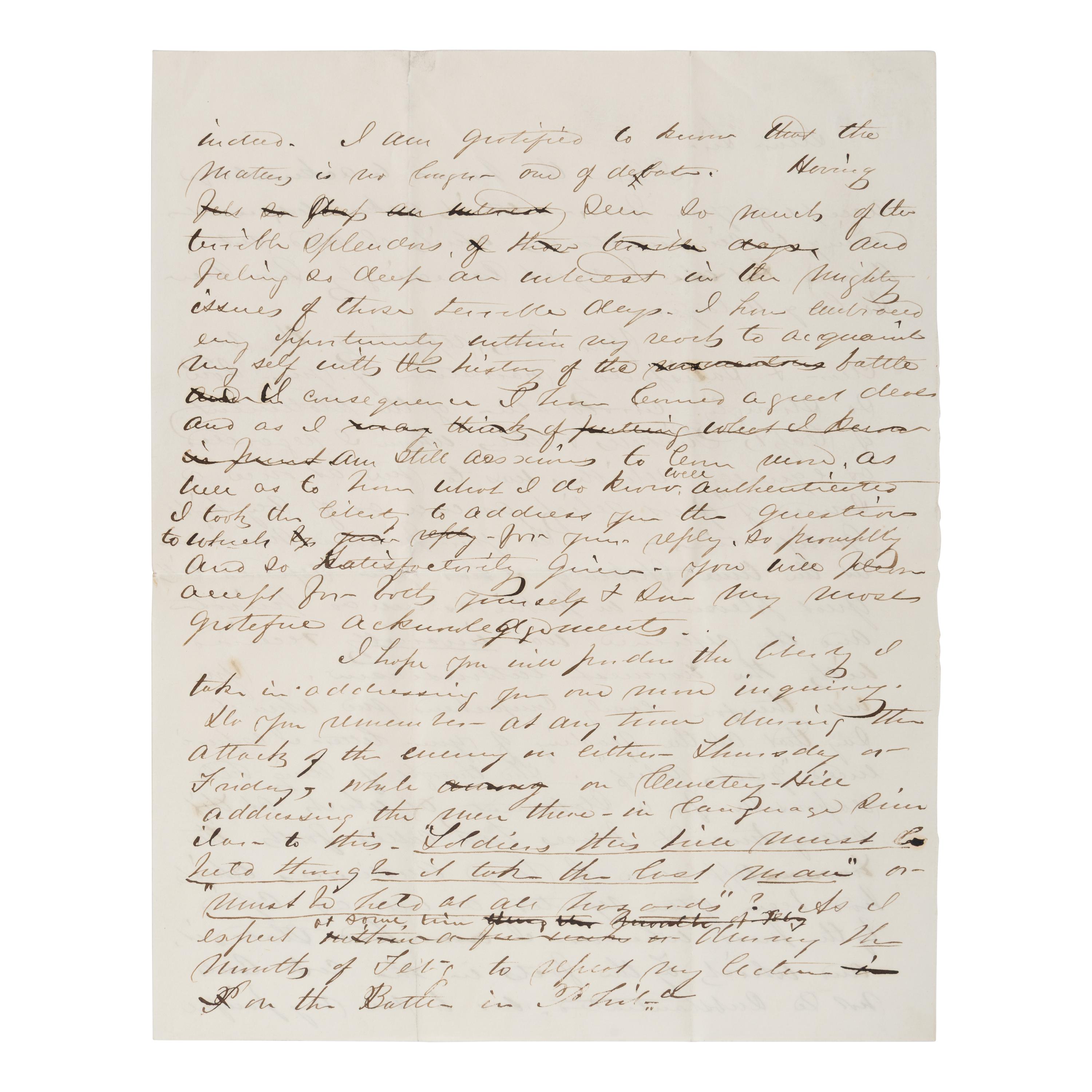 [Civil War - Gettysburg]. Warner, John Riddle (1827-1894). Autograph letter signed ("John R.W.") to General George Meade, [Gettysburg, PA, ca 1863].