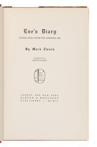 CLEMENS, Samuel L. ("Mark Twain") (1835-1910). Eve's Diary, Translated from the Original MS. London and New York: Harper & Brothers, 1906.