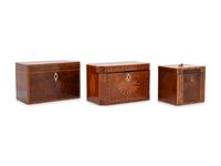 Three George III Mahogany or Burl Walnut and Satinwood Marquetry Tea Caddies
