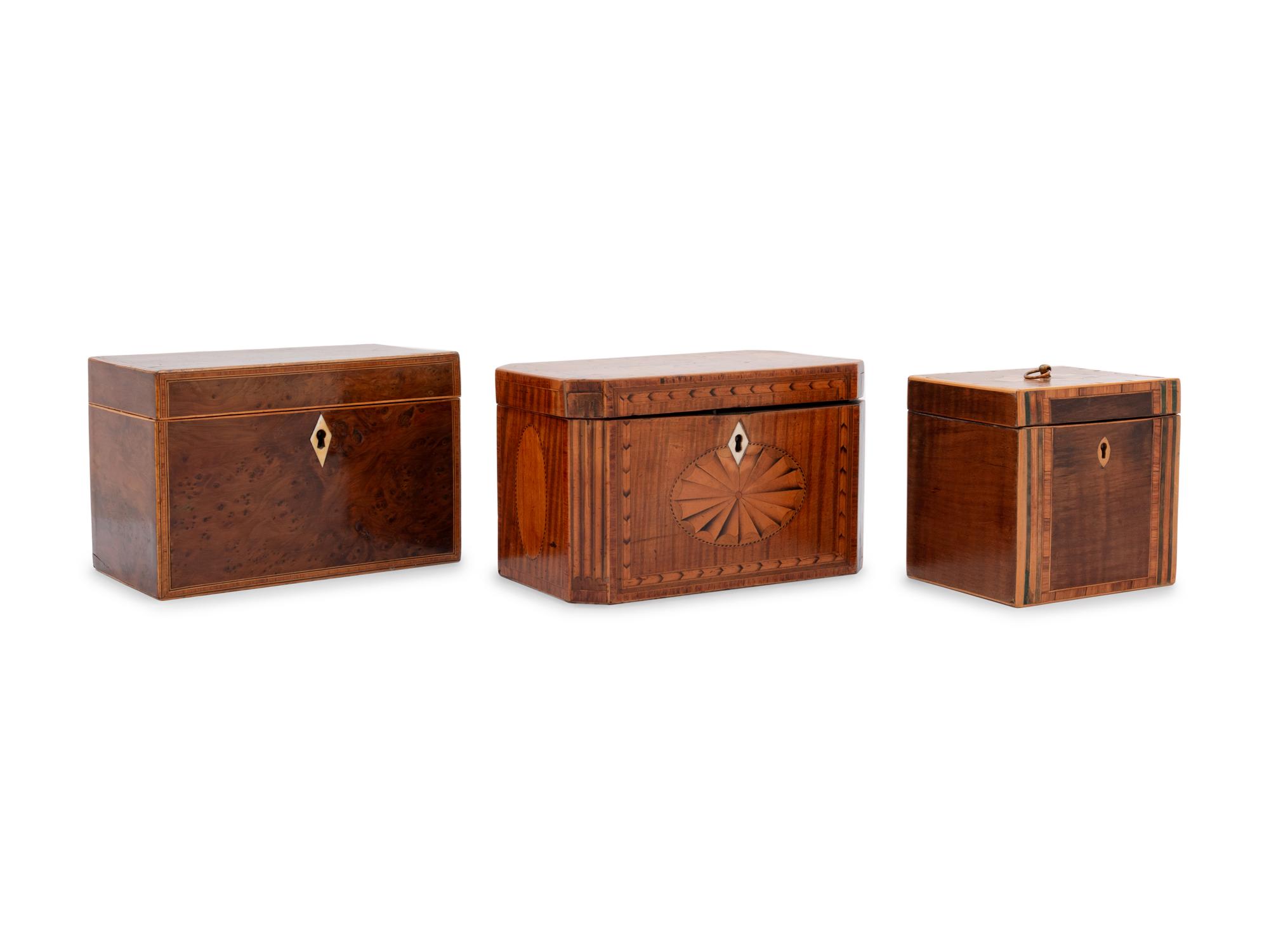 Three George III Mahogany or Burl Walnut and Satinwood Marquetry Tea Caddies