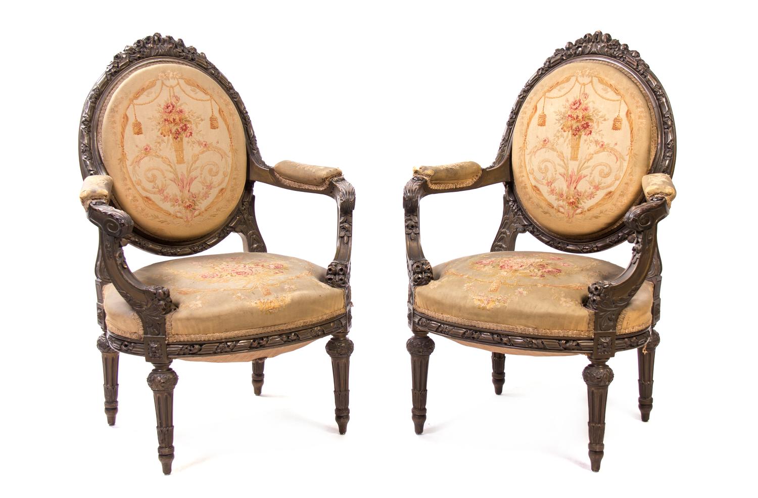 A Pair of Louis XVI Style Giltwood Fauteuils, Height 43 1/2 inches.
