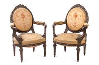 A Pair of Louis XVI Style Giltwood Fauteuils, Height 43 1/2 inches.