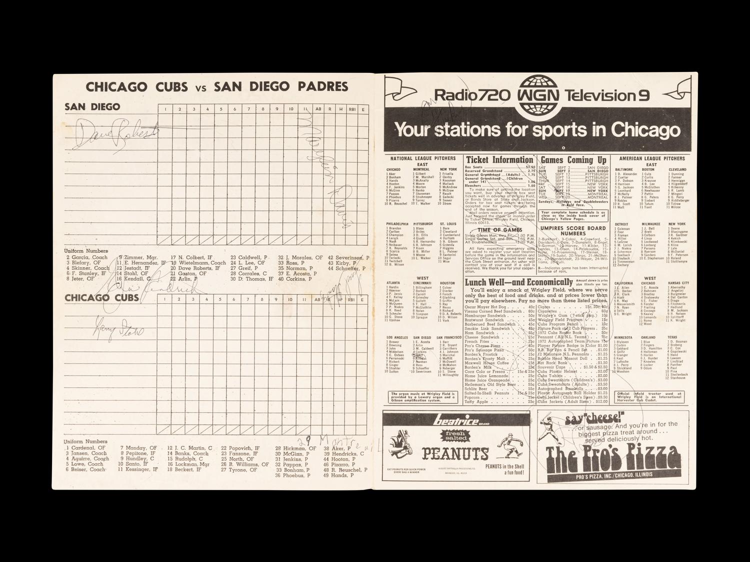 A Group of 12 1960s-70s Chicago Cubs Wrigley Field Signed Autograph Scorecards (Including Ernie Banks, Billy Williams, Fergie Jenkins and Ron Santo)