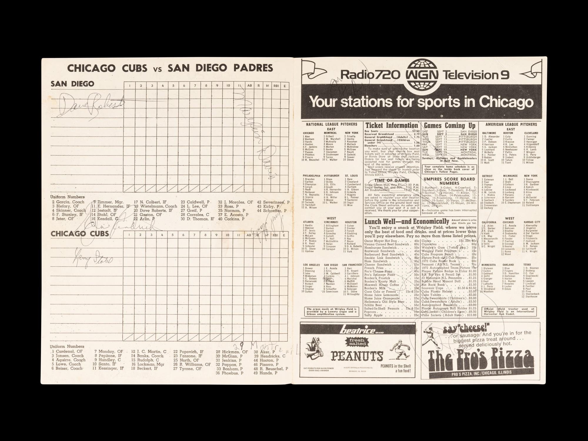 A Group of 12 1960s-70s Chicago Cubs Wrigley Field Signed Autograph Scorecards (Including Ernie Banks, Billy Williams, Fergie Jenkins and Ron Santo)