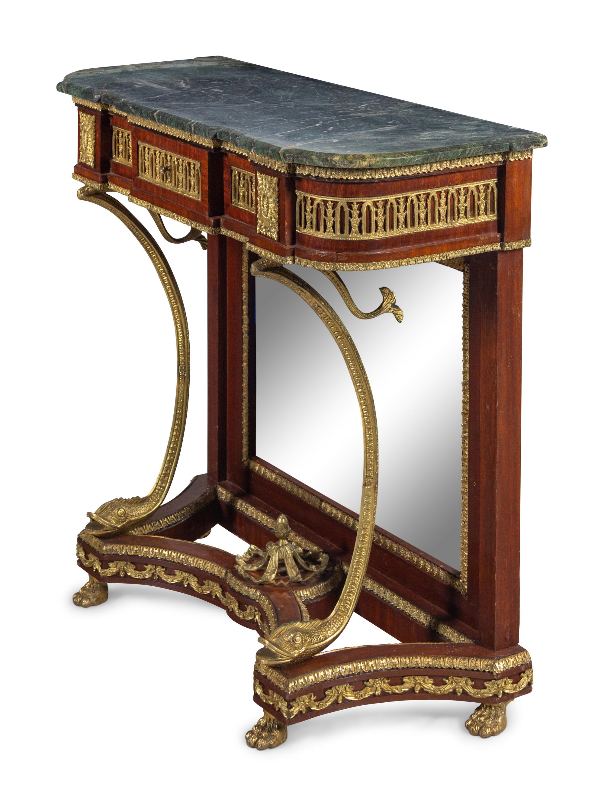 An Empire Style Gilt Metal Mounted Mahogany Marble-Top Pier Table