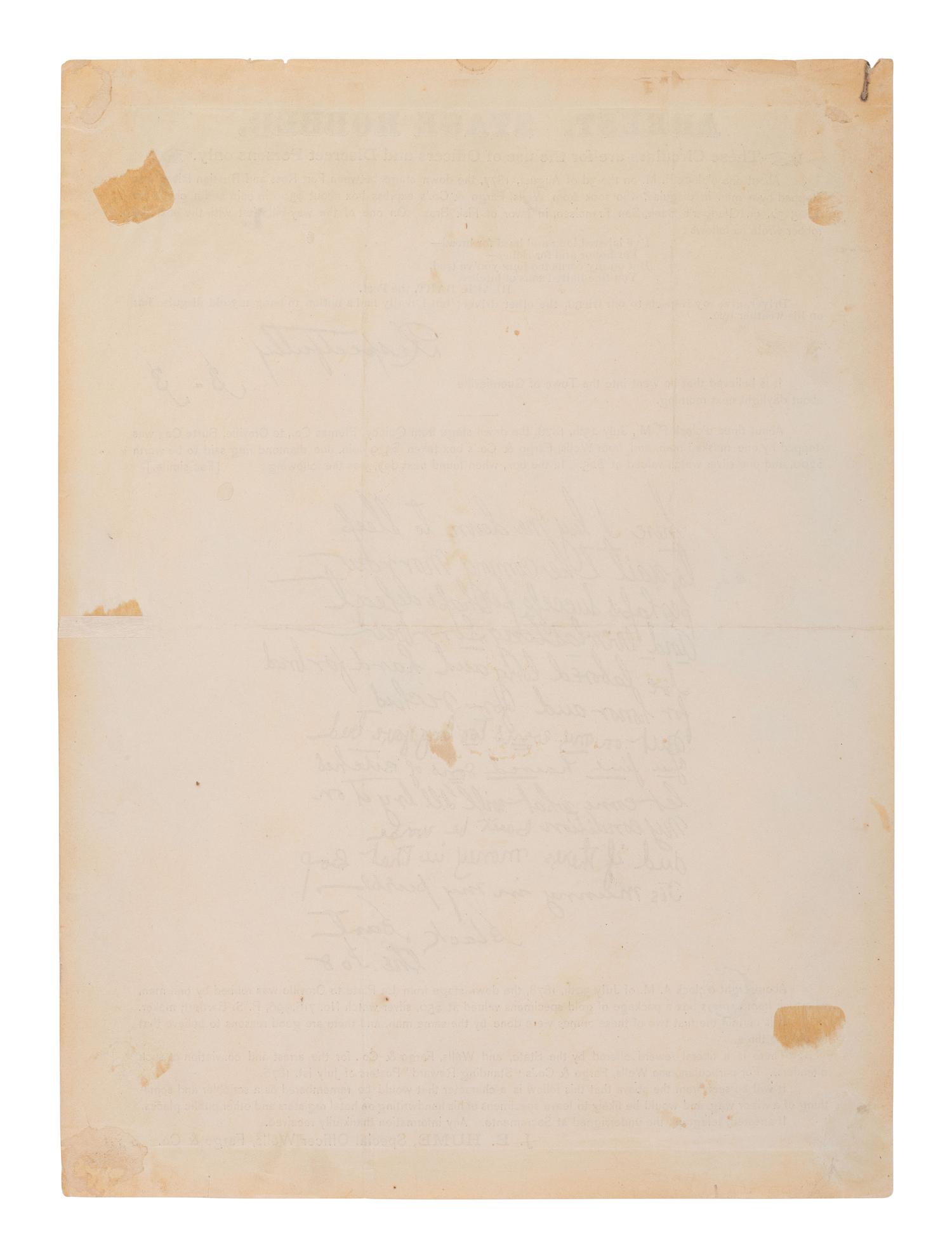 [WESTERN AMERICANA]. Arrest. Stage Robber. Circular issued by J. B. HUME of Wells Fargo & Co., seeking the arrest of "Black Bart." Ca 1877.