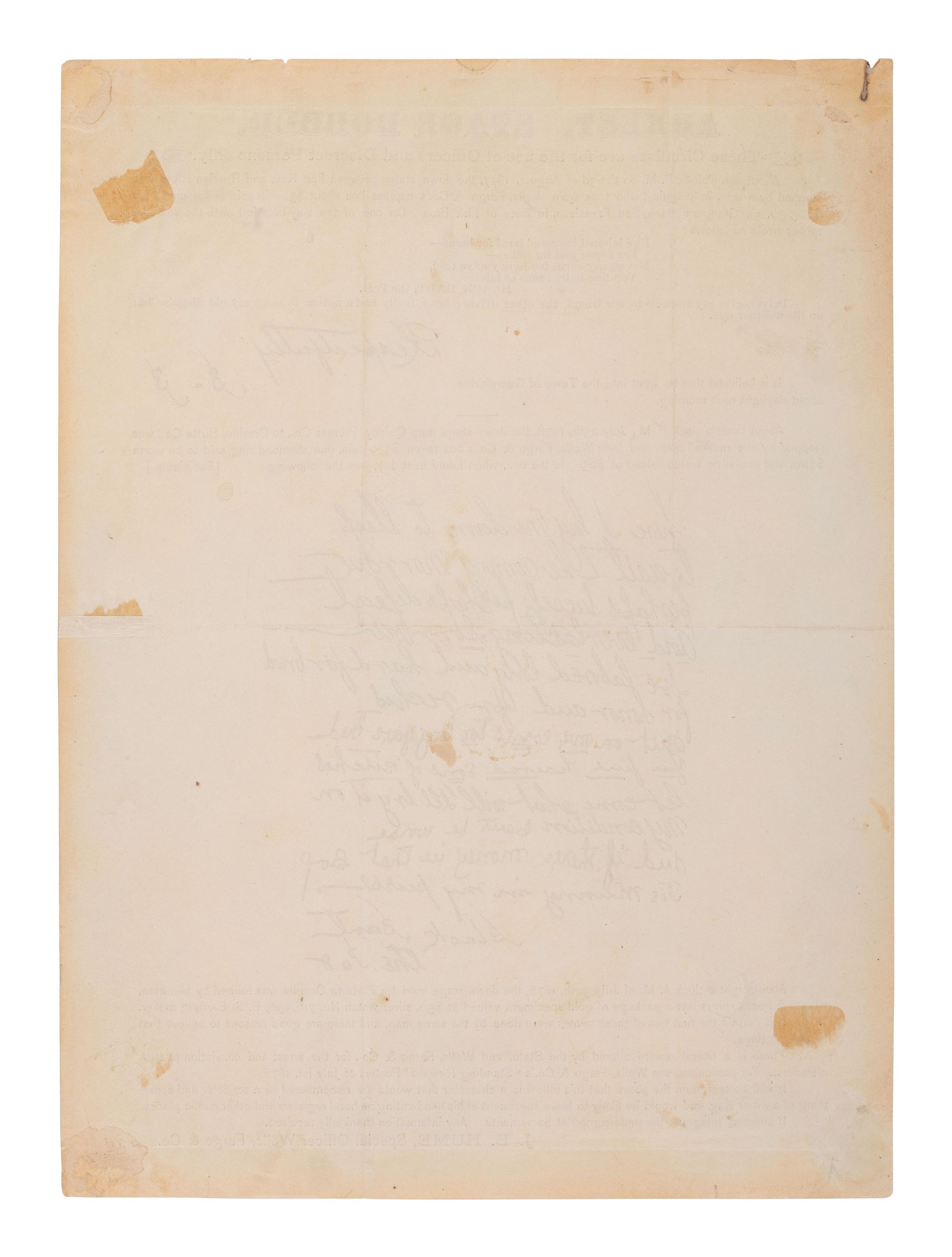 [WESTERN AMERICANA]. Arrest. Stage Robber. Circular issued by J. B. HUME of Wells Fargo & Co., seeking the arrest of "Black Bart." Ca 1877.