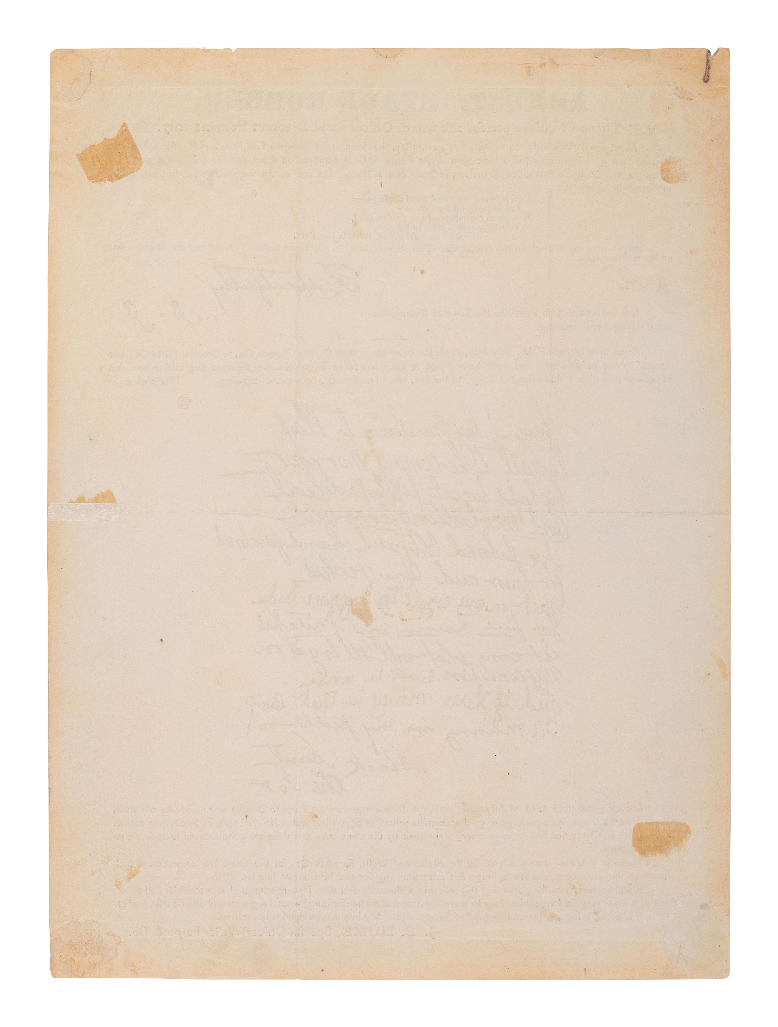 [WESTERN AMERICANA]. Arrest. Stage Robber. Circular issued by J. B. HUME of Wells Fargo & Co., seeking the arrest of "Black Bart." Ca 1877.