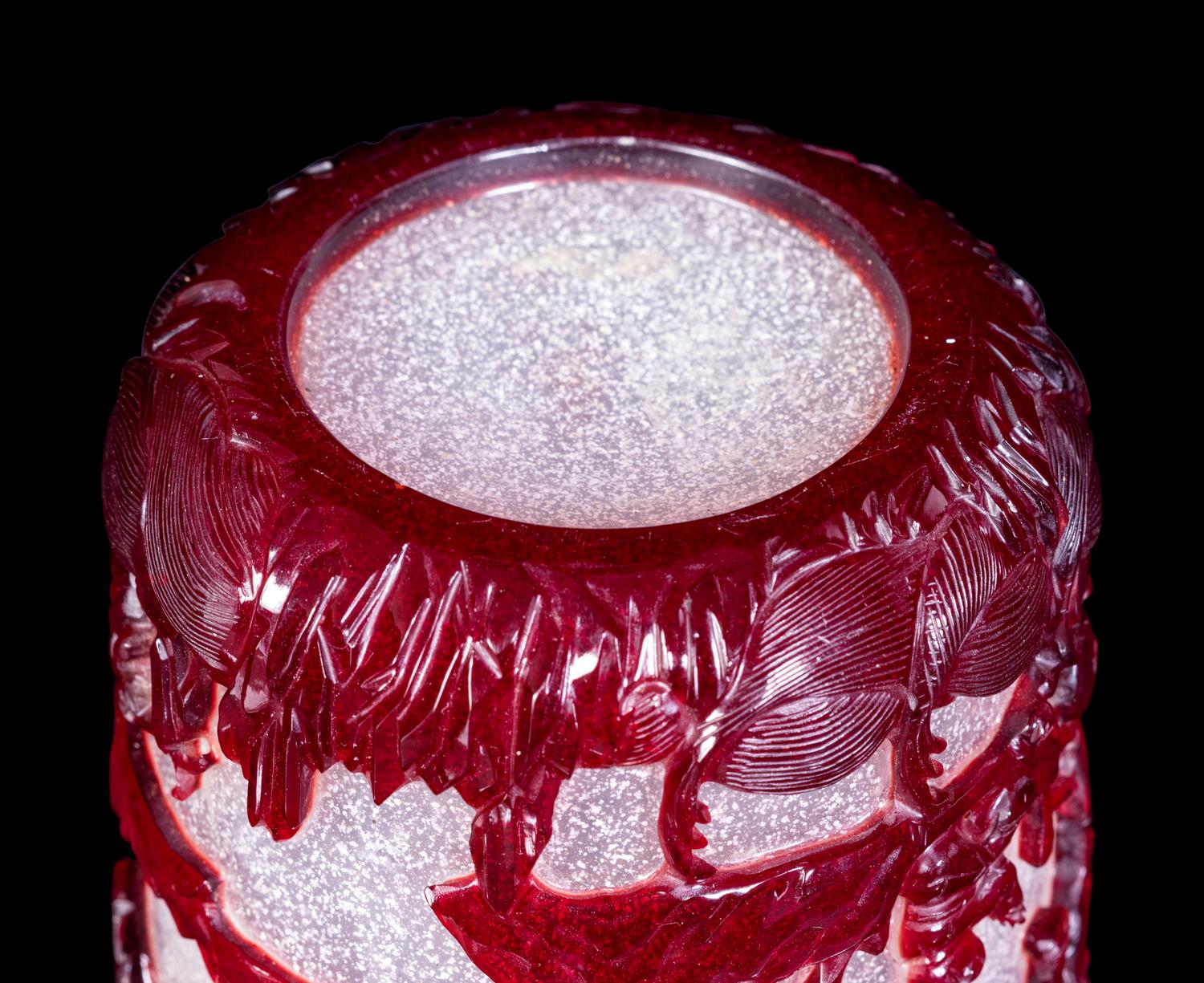 Two Chinese Ruby-Red Overlay Snowflake Ground Glass Vessels