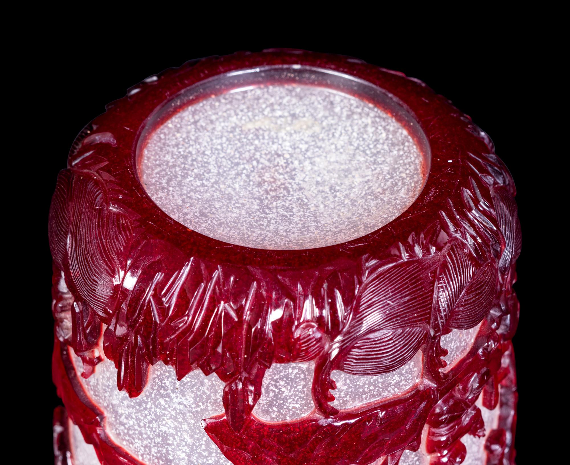 Two Chinese Ruby-Red Overlay Snowflake Ground Glass Vessels