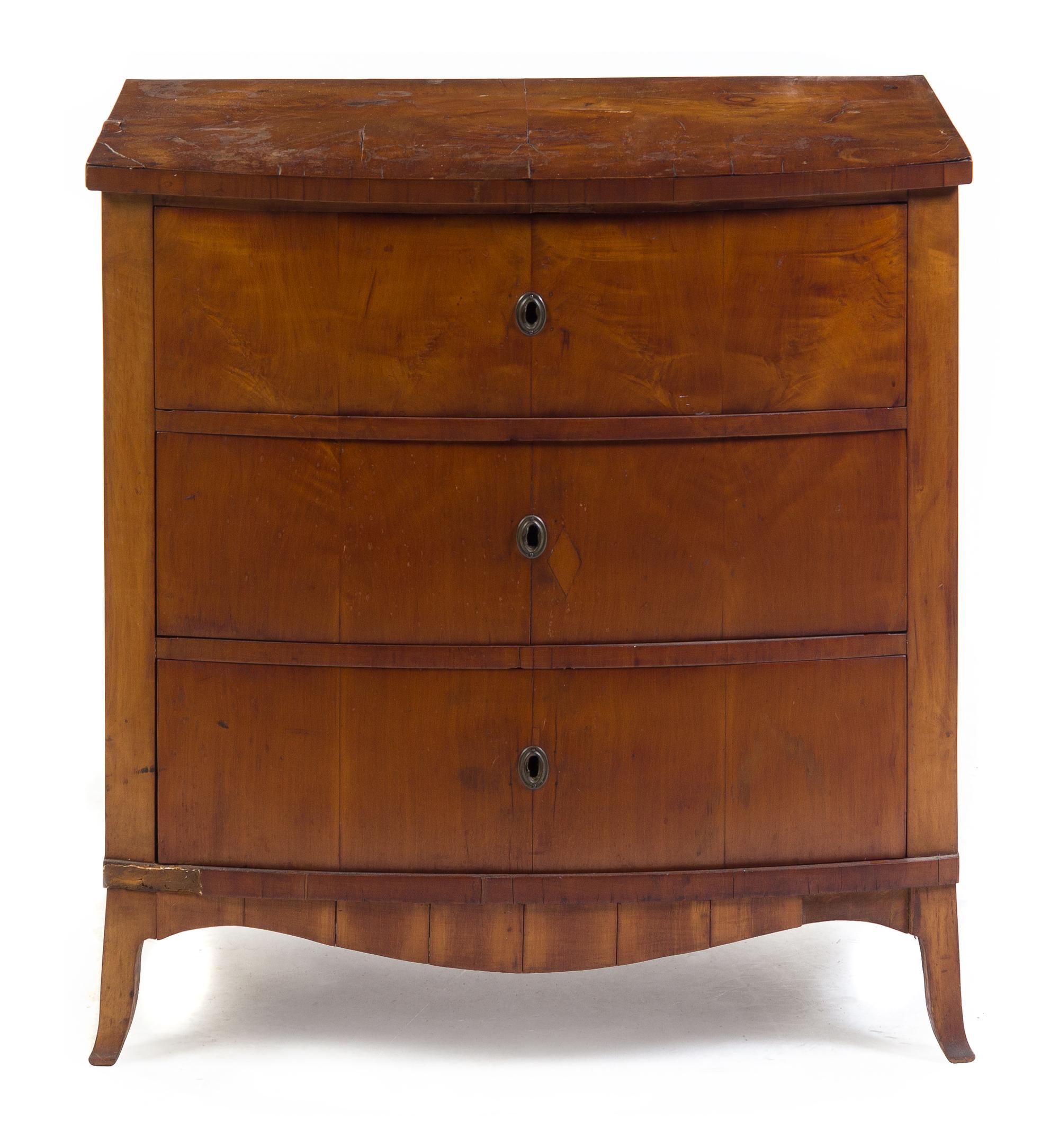 A Biedermeier Birch Chest of Drawers Height 31 x width 30 x depth 20 1/2 inches.