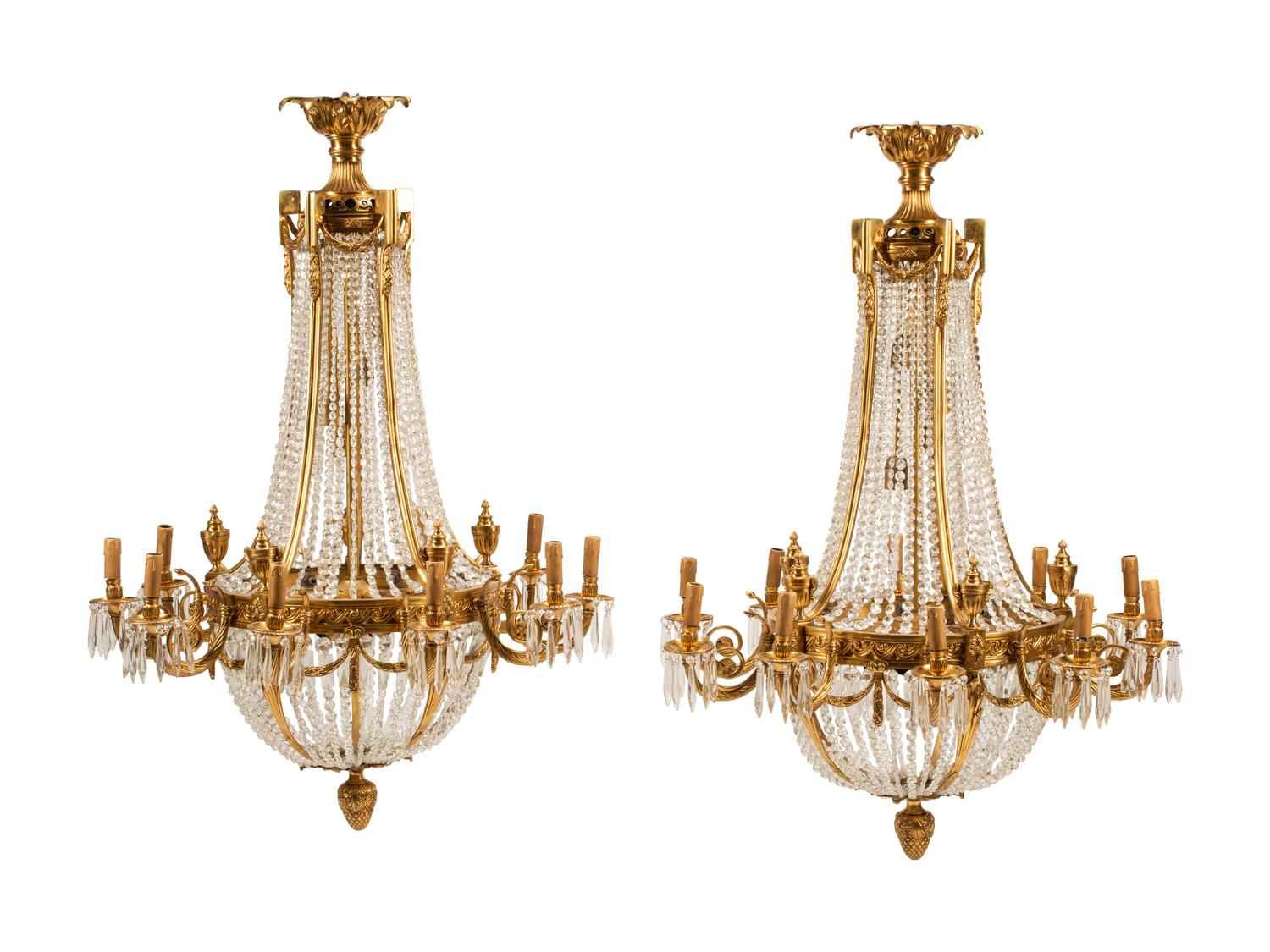 A Pair of French Neoclassical Style Gilt Bronze Chandeliers