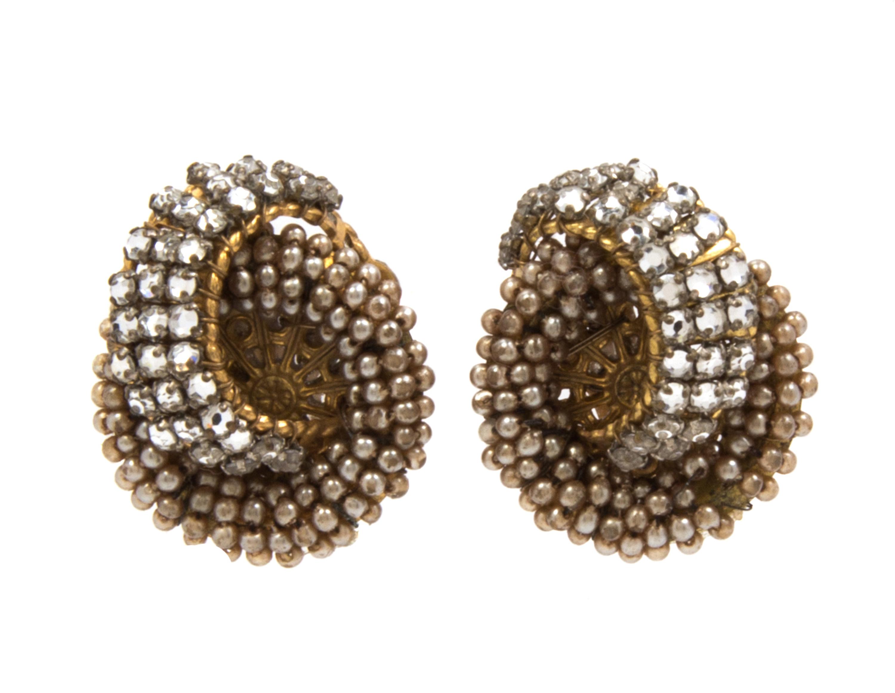 A Pair of Miriam Haskell Rhinestone and Faux Peal Earclips,