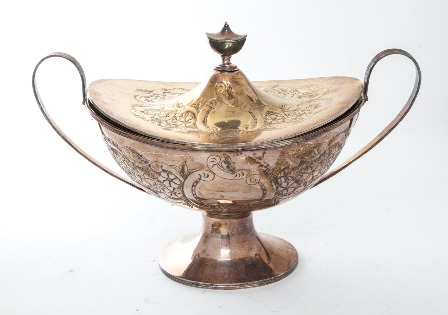 An English Silver-plate Soup Tureen and Cover, JR & S Width over handles 16 inches.
