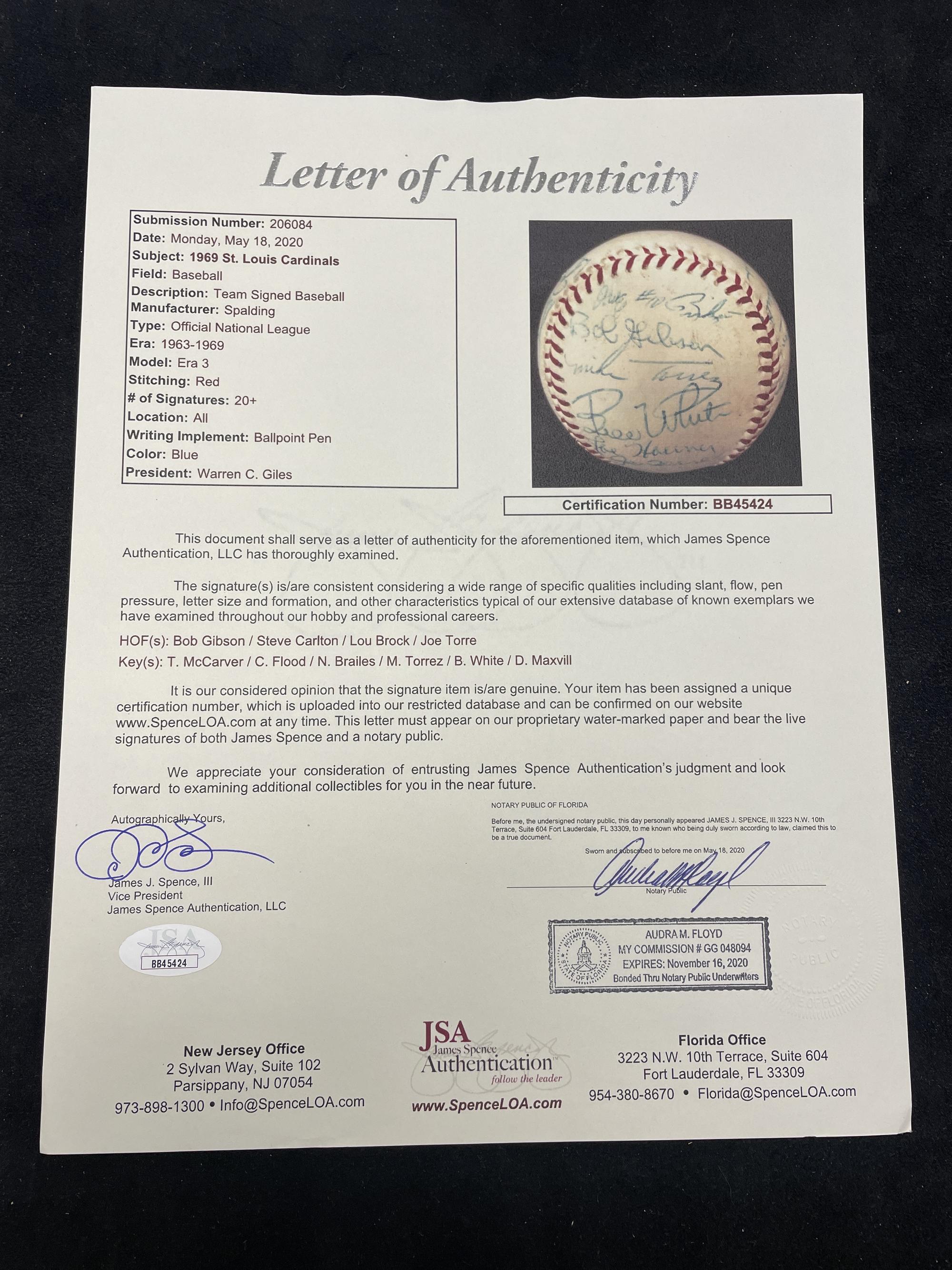A 1969 St. Louis Cardinals Team Signed Autograph Baseball Including Multiple Hall of Famers (JSA Letter of Authenticity),