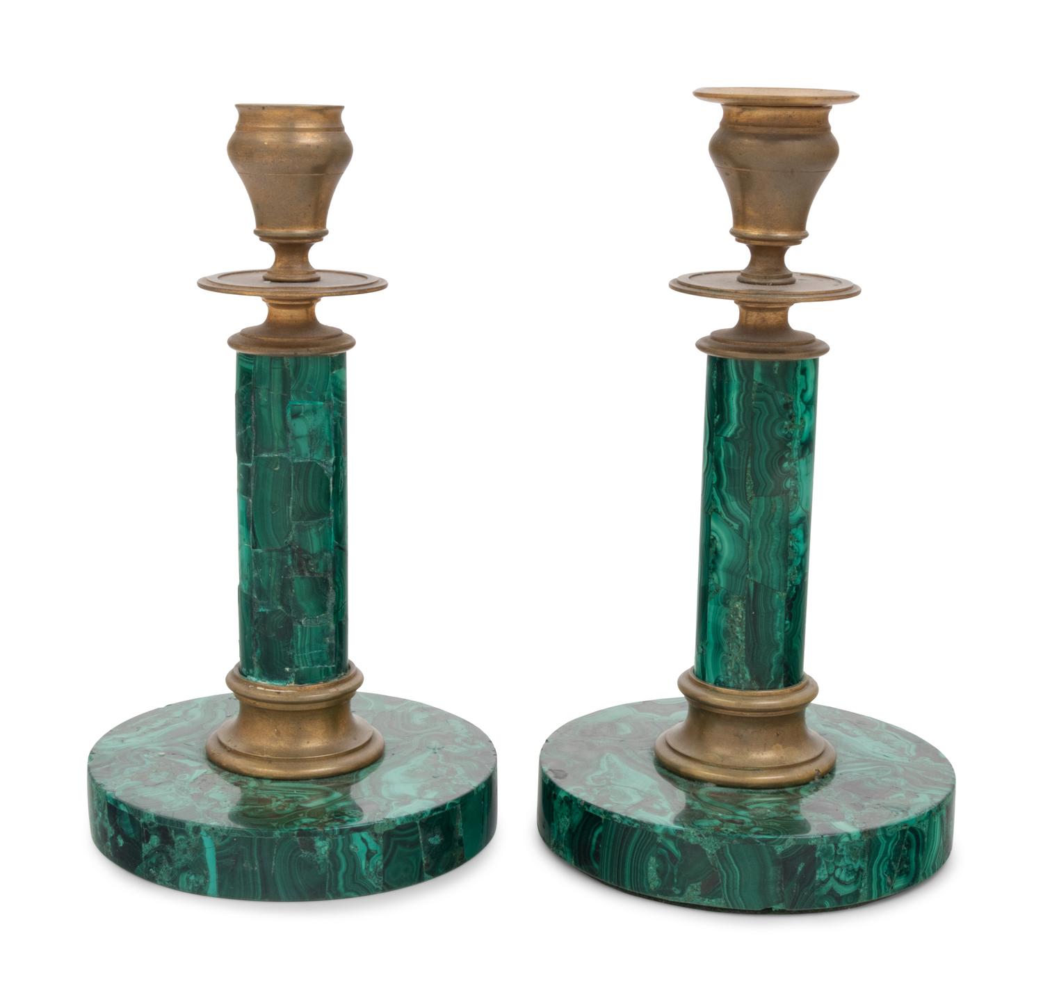 A Pair of Russian Style Malachite and Gilt Bronze Candlesticks