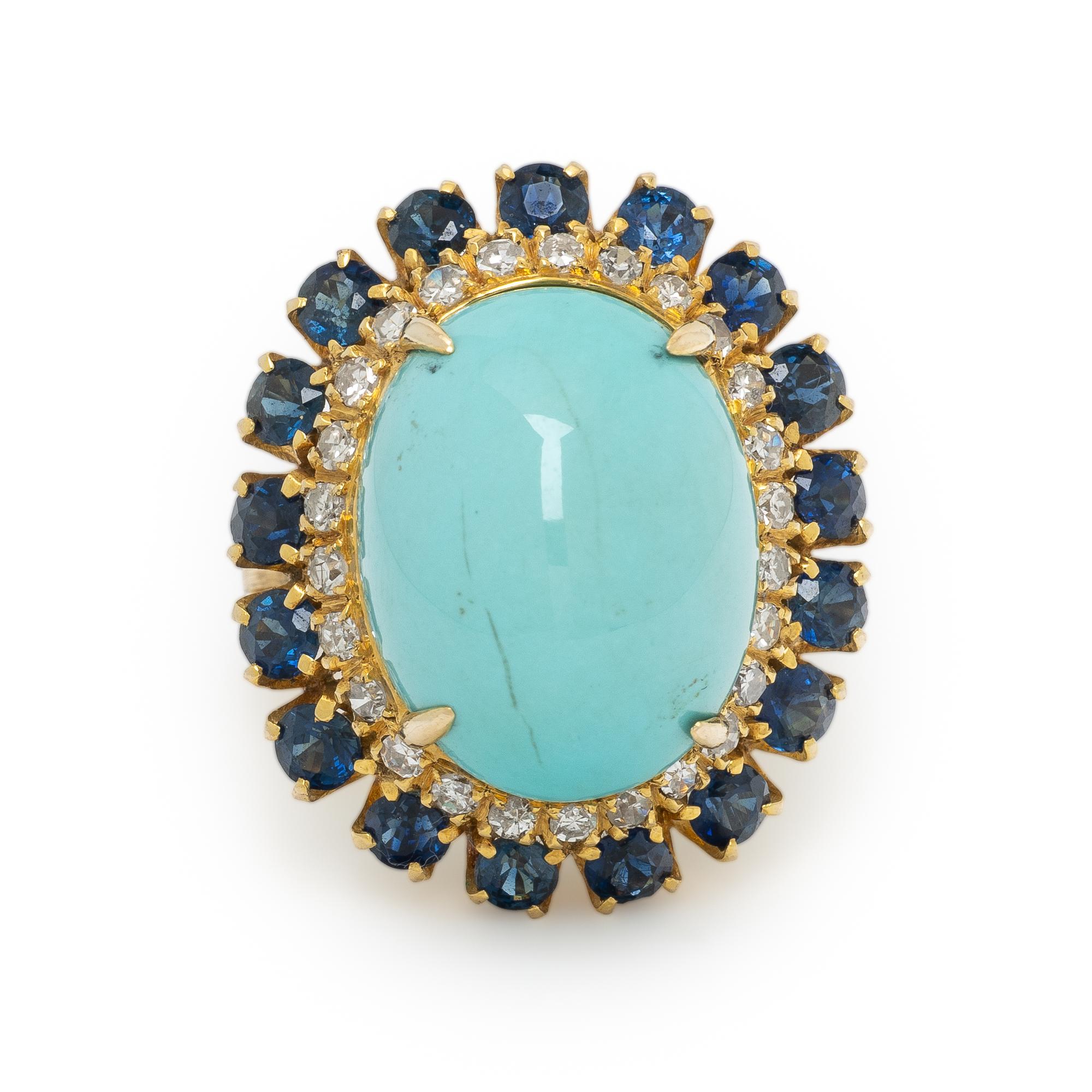 TURQUOISE, SAPPHIRE, DIAMOND, AND YELLOW GOLD RING