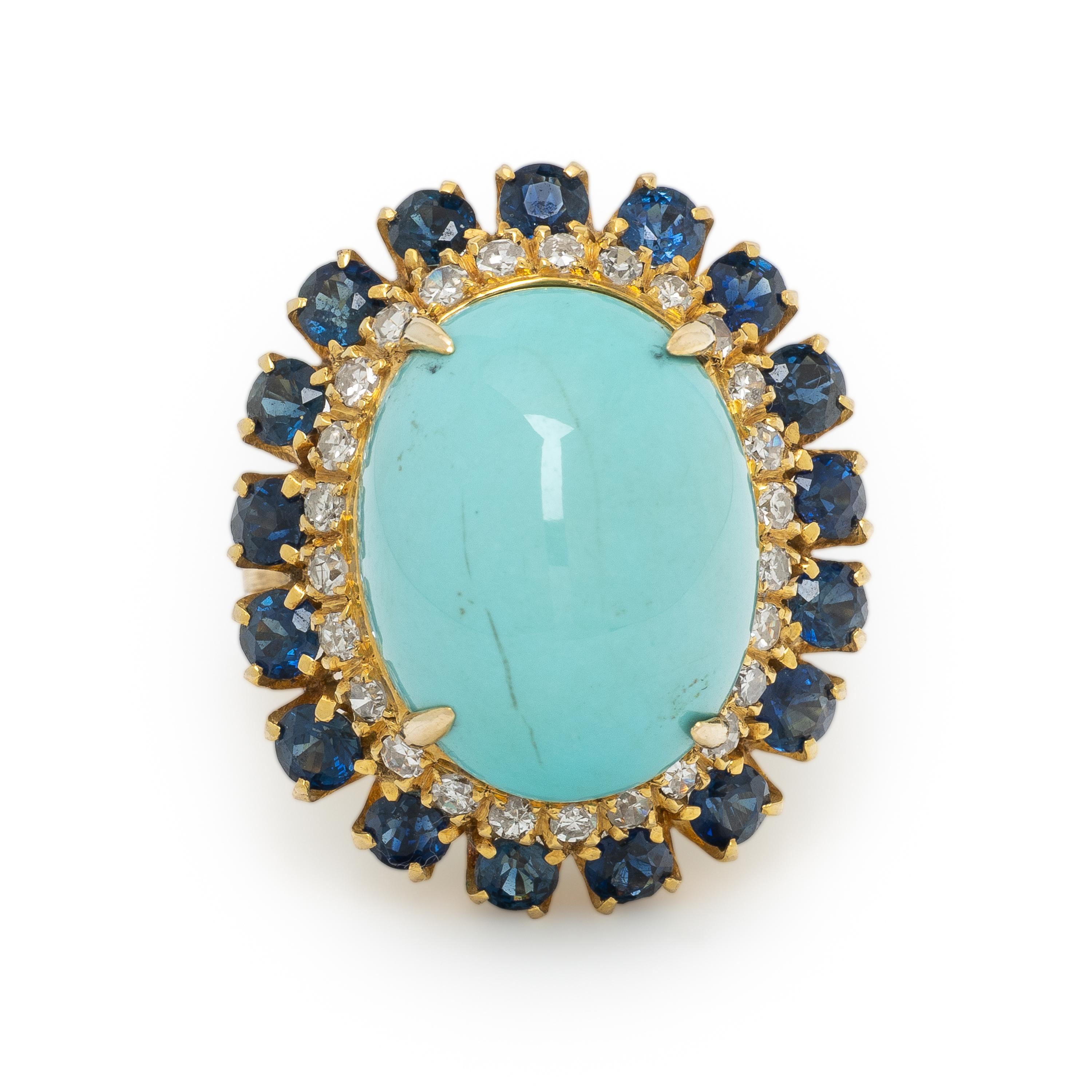 TURQUOISE, SAPPHIRE, DIAMOND, AND YELLOW GOLD RING